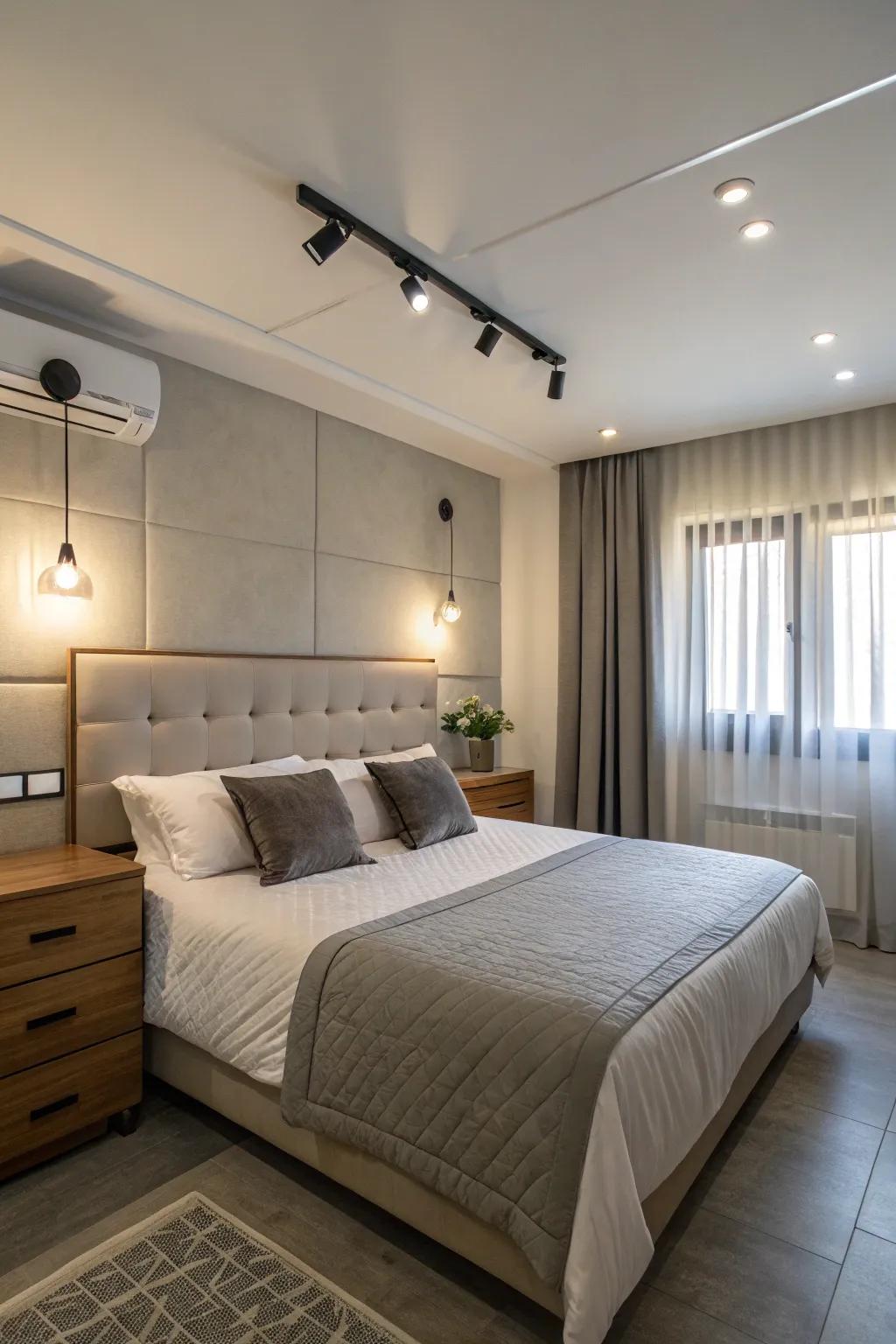 Comfortable bedroom featuring industrial LED wall sconce lighting