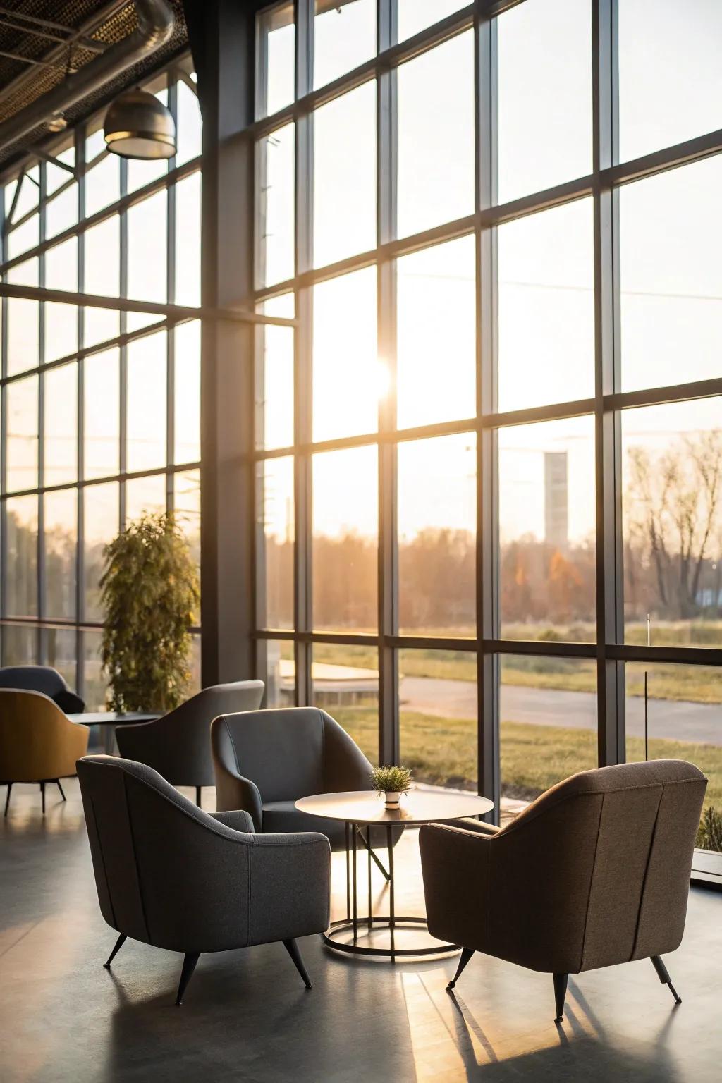 Large windows flood the room with natural light, enhancing the industrial feel.