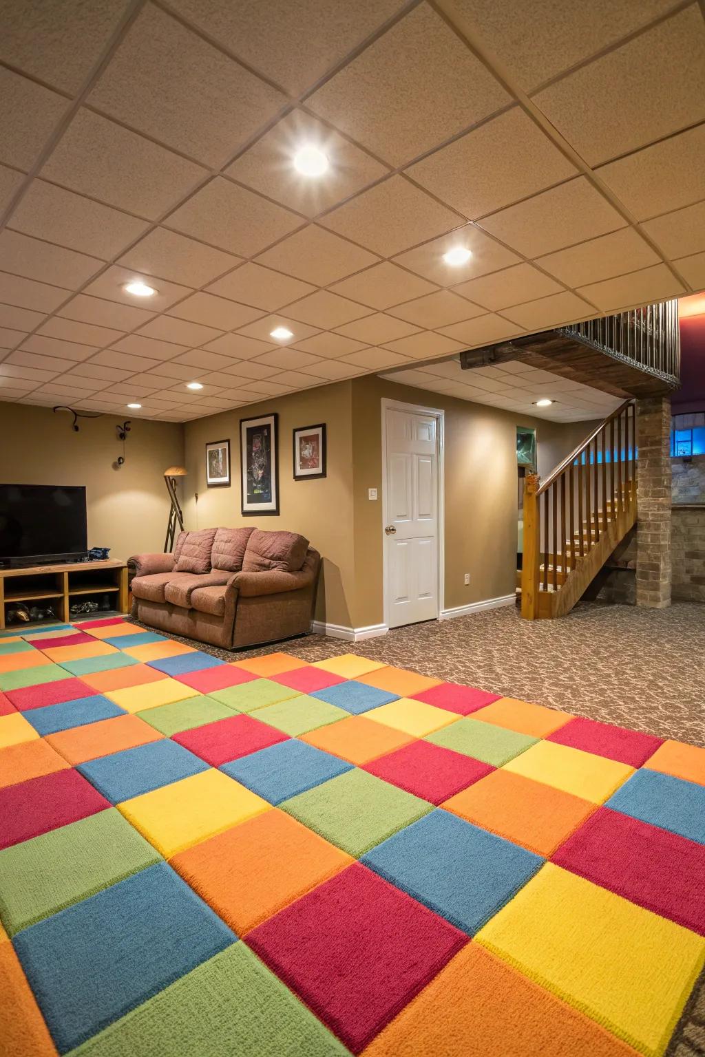 Rug squares infuse warmth and are easily maintained.