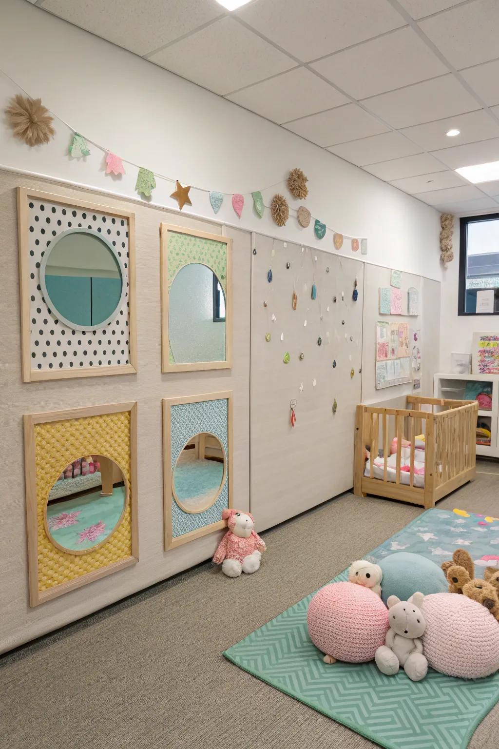 Interactive wall features boost sensory exploration.