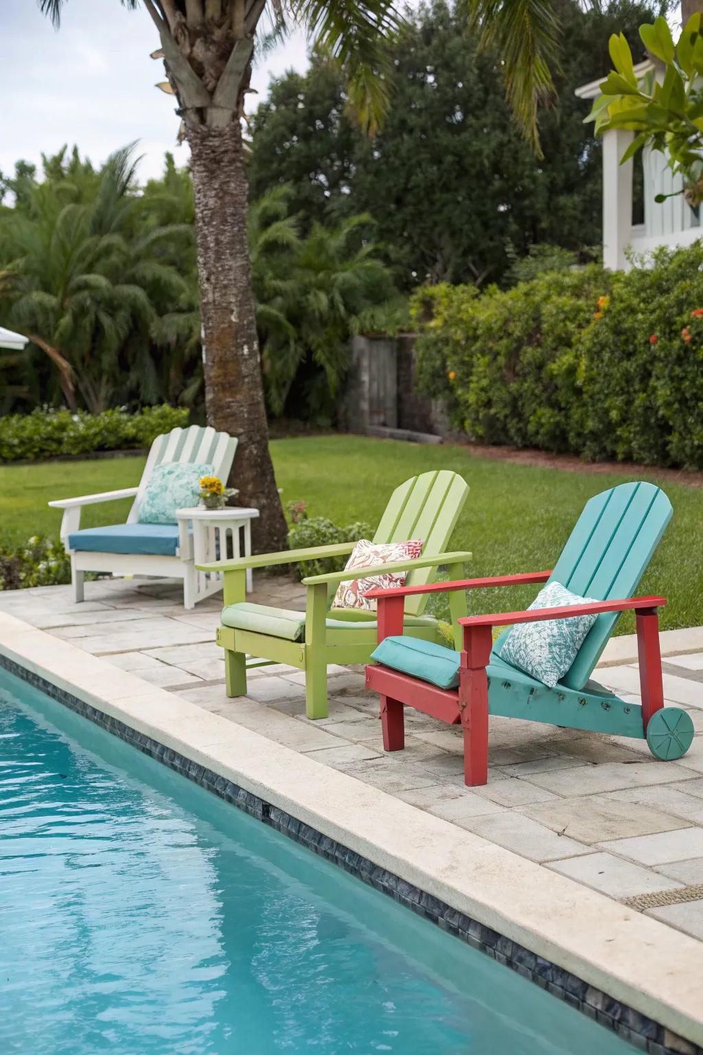 Recycled furniture provides economical comfort near the pool.