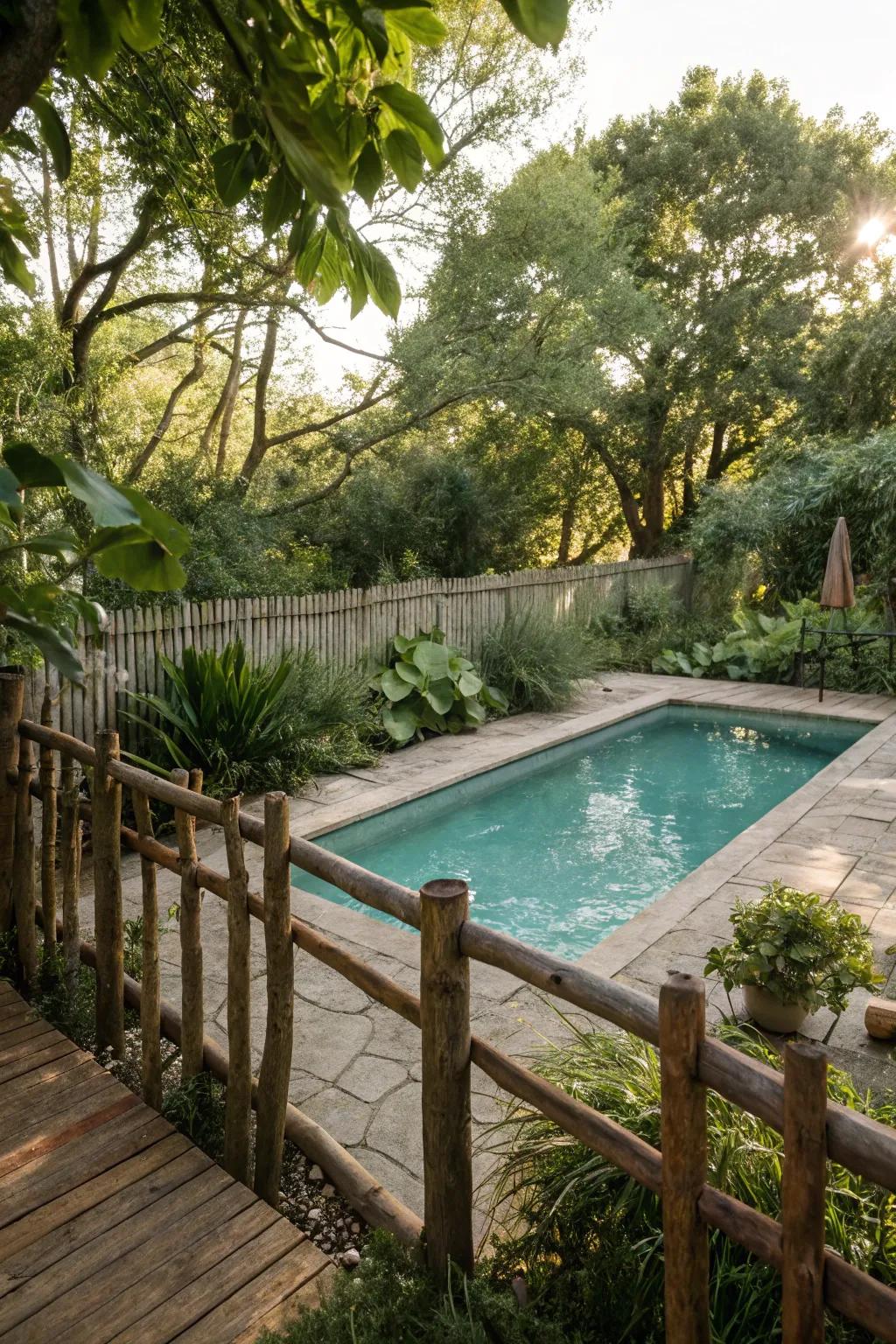 Natural wood partitions contribute a genuine, countryside element to pool environments.