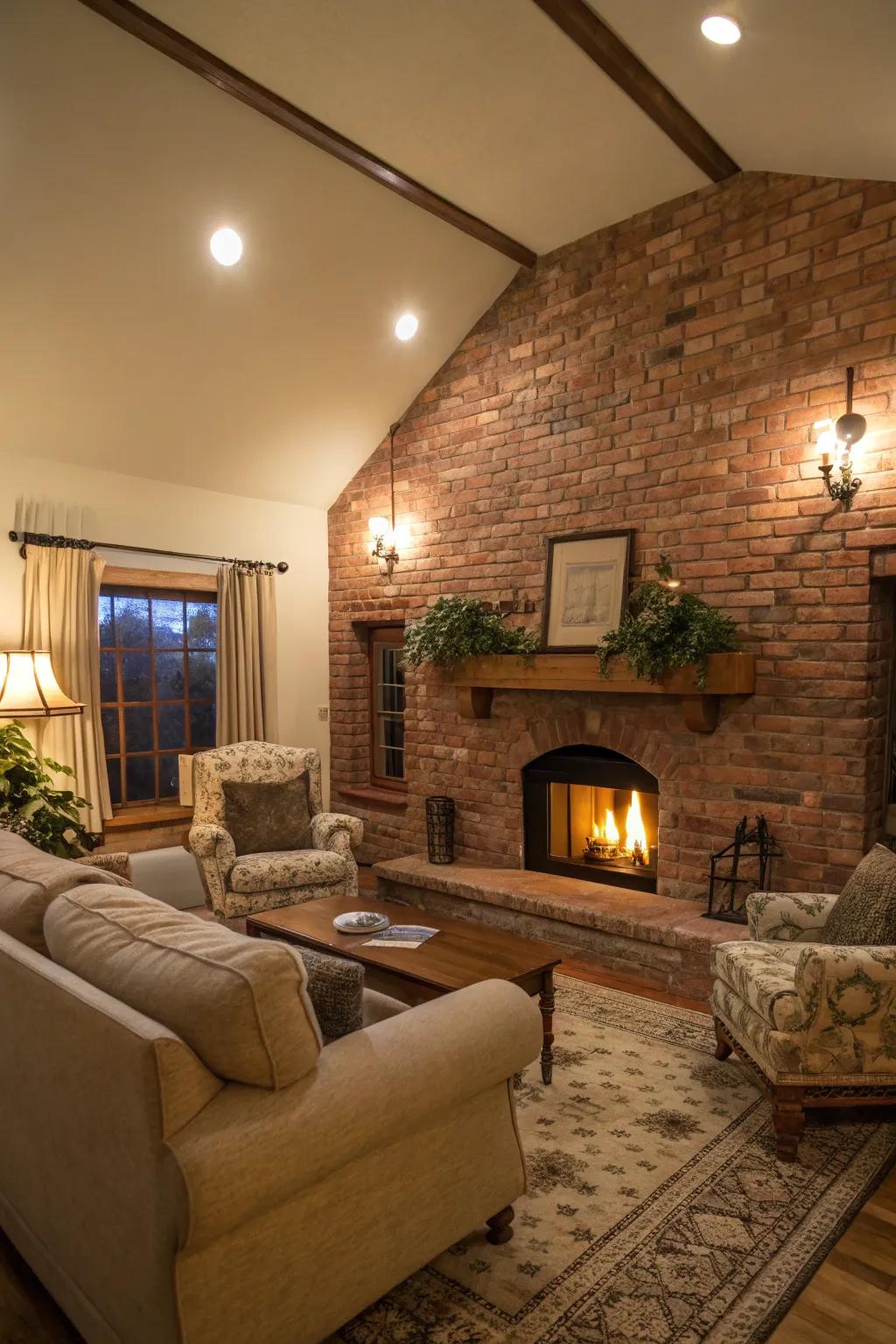 A cozy fireplace with a brick backdrop, perfect for warm and inviting family gatherings.