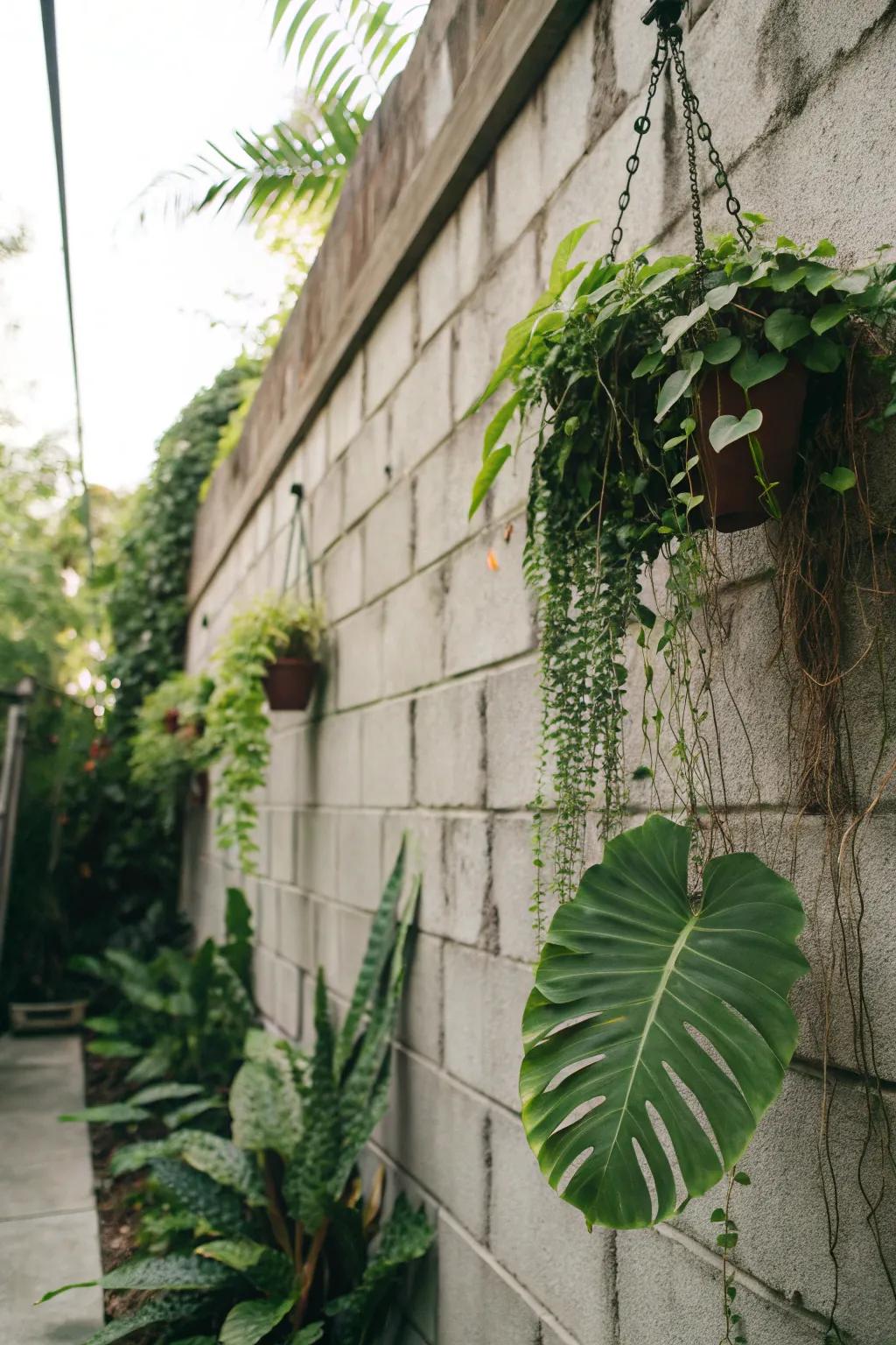 Vibrant greenery adds life to a cinder block wall.