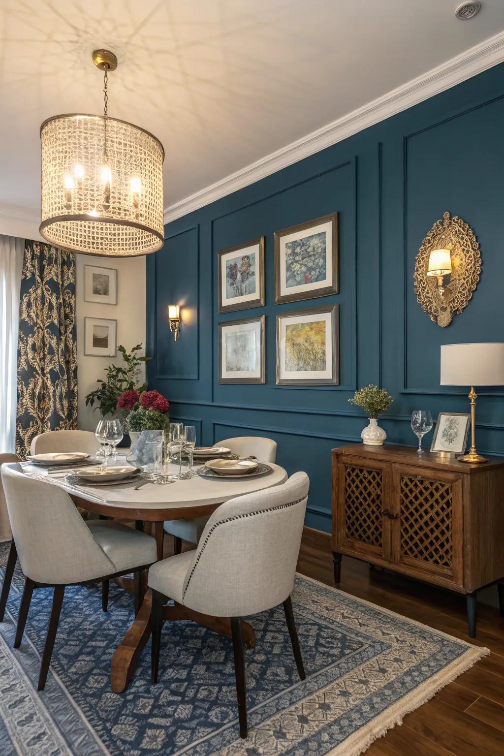 A deep blue accent wall adds drama to this dining space.