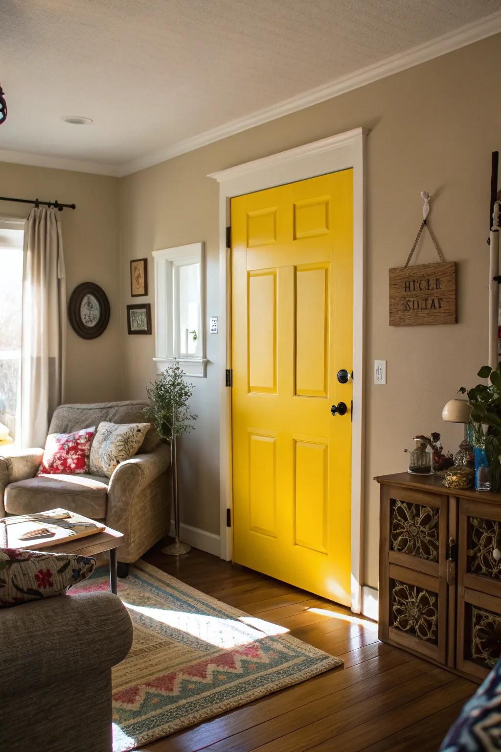 A bright goldenrod door brightening the space.