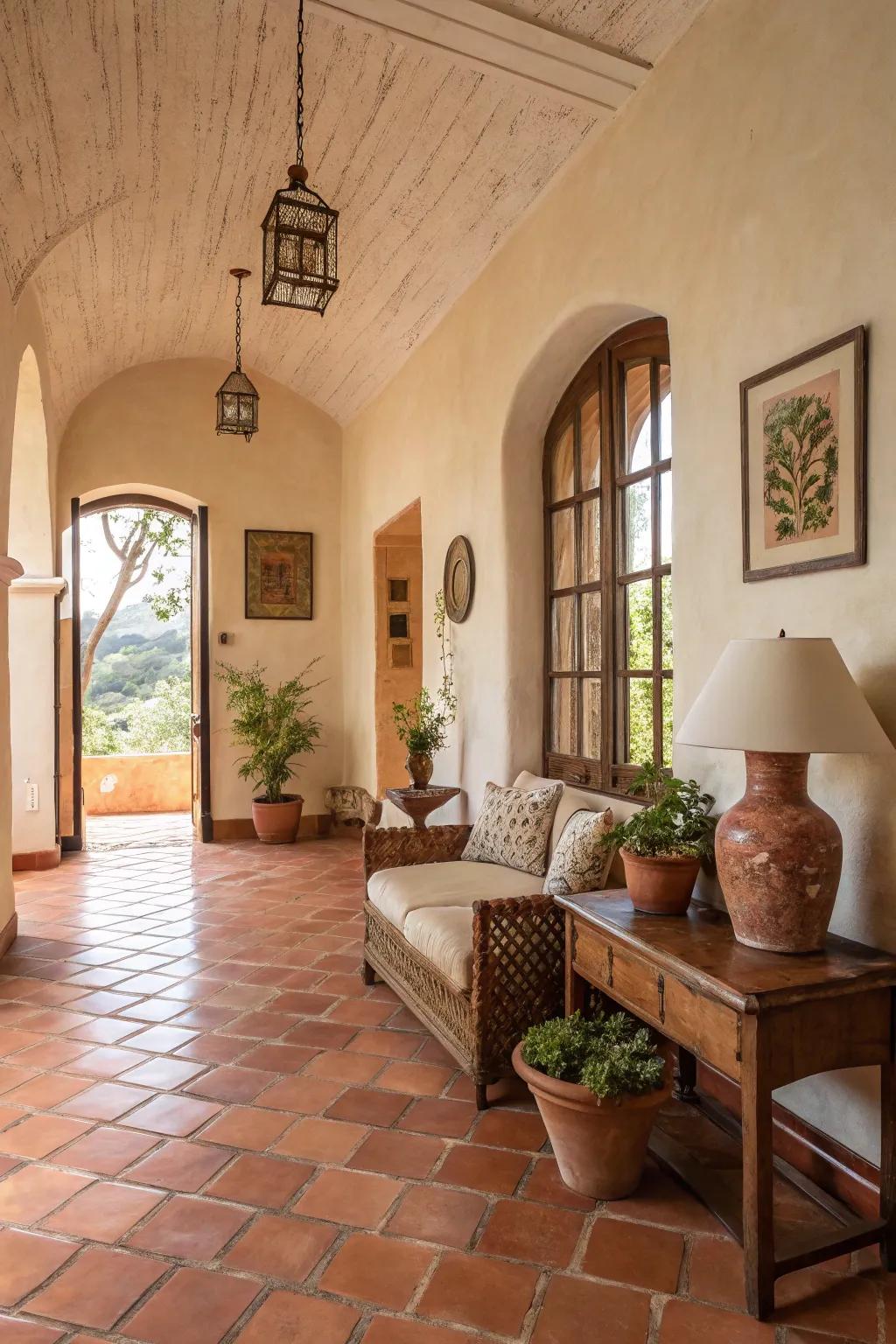 Earthy shades construct a snug and welcoming atmosphere echoing the Mediterranean.