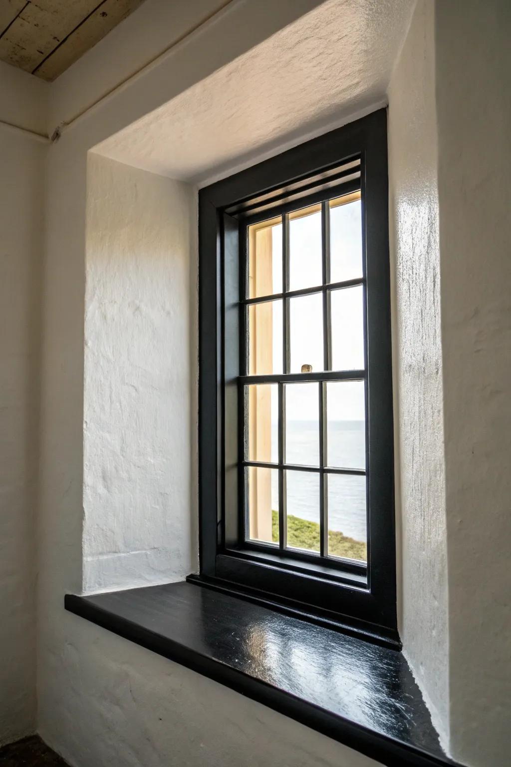 A window with bold black trim creating a striking contrast in the room.