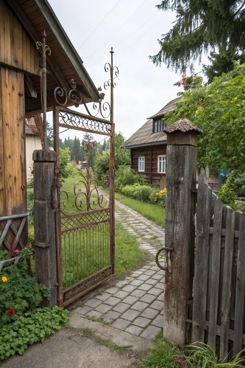 A mixed-material iron and wood gate offering a rustic charm.
