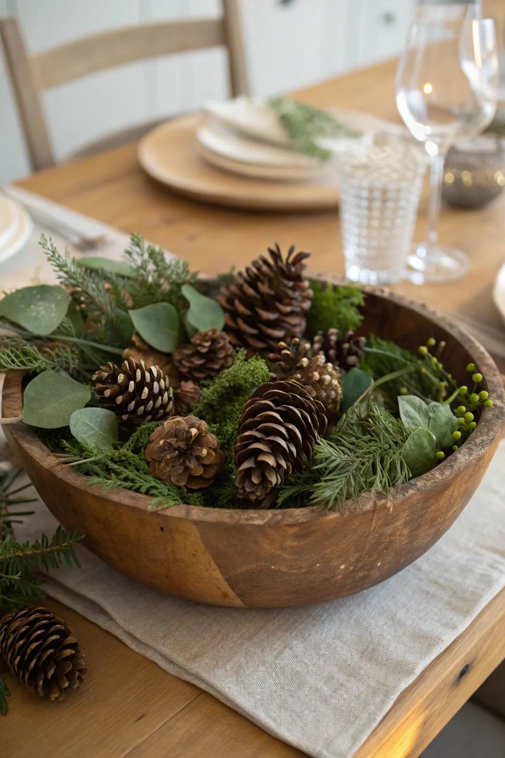Bring nature indoors using pinecones and greenery.