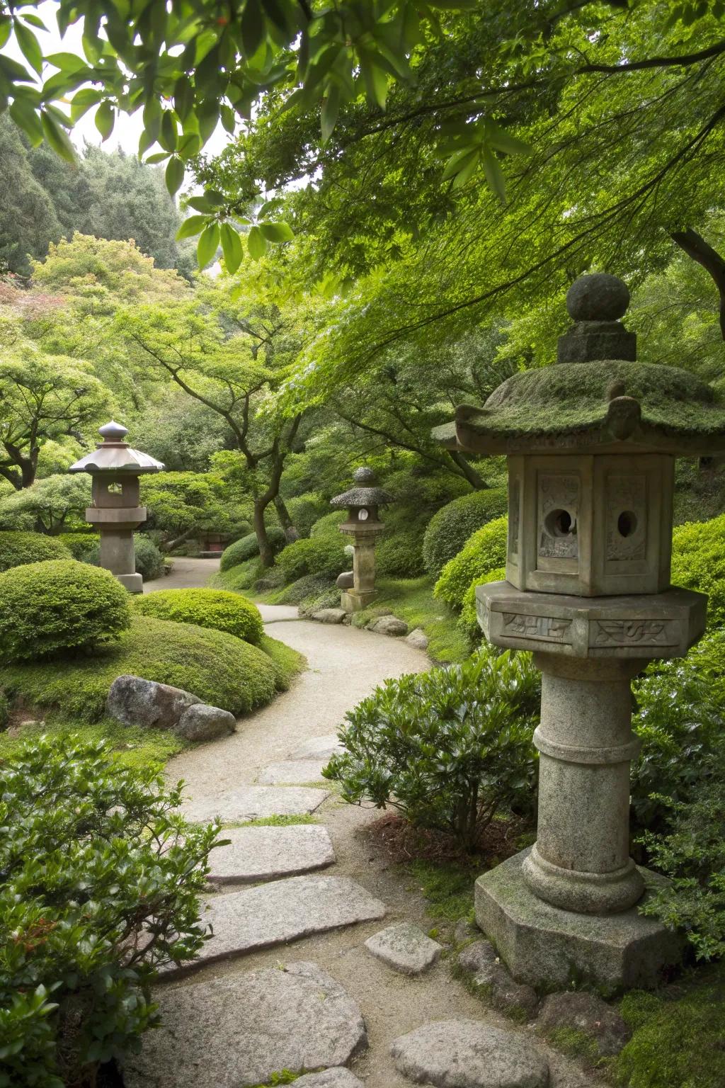 Classic stone lanterns nestled amongst foliage within a Japanese garden.