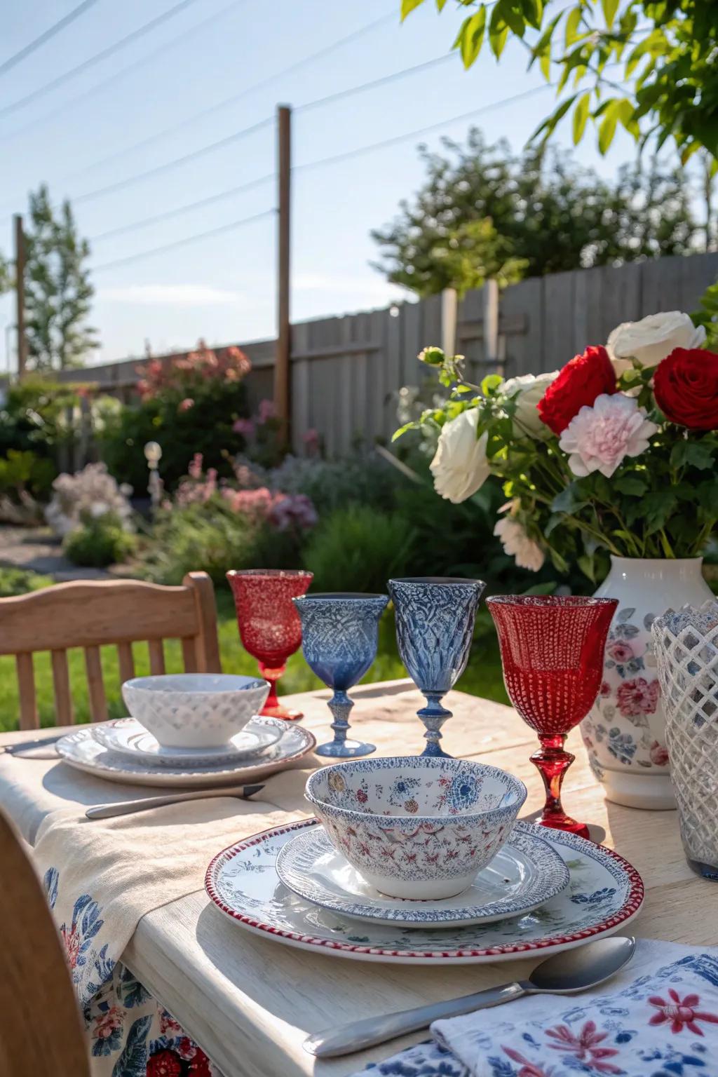 A royal table setting featuring red, white, and blue glassware.