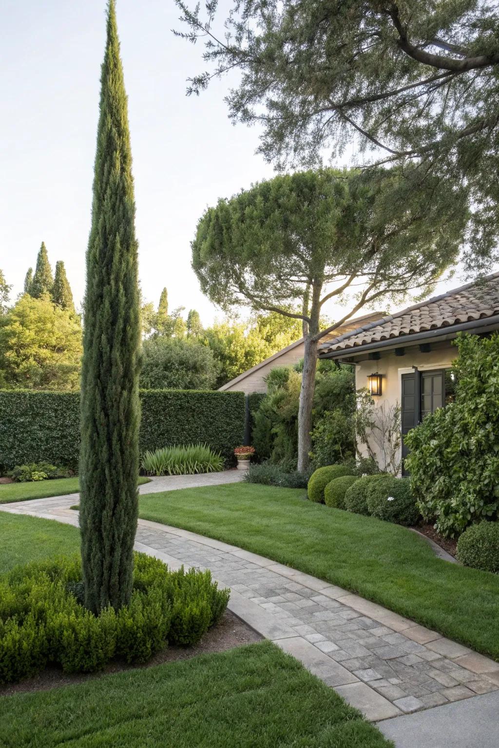 A tall evergreen acting as an eye-catching front yard feature