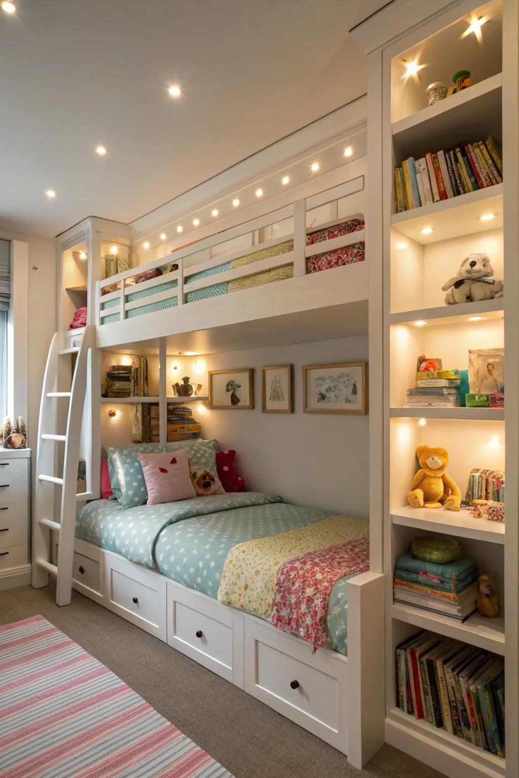 Bunk beds that efficiently utilize space in shared kids' rooms.