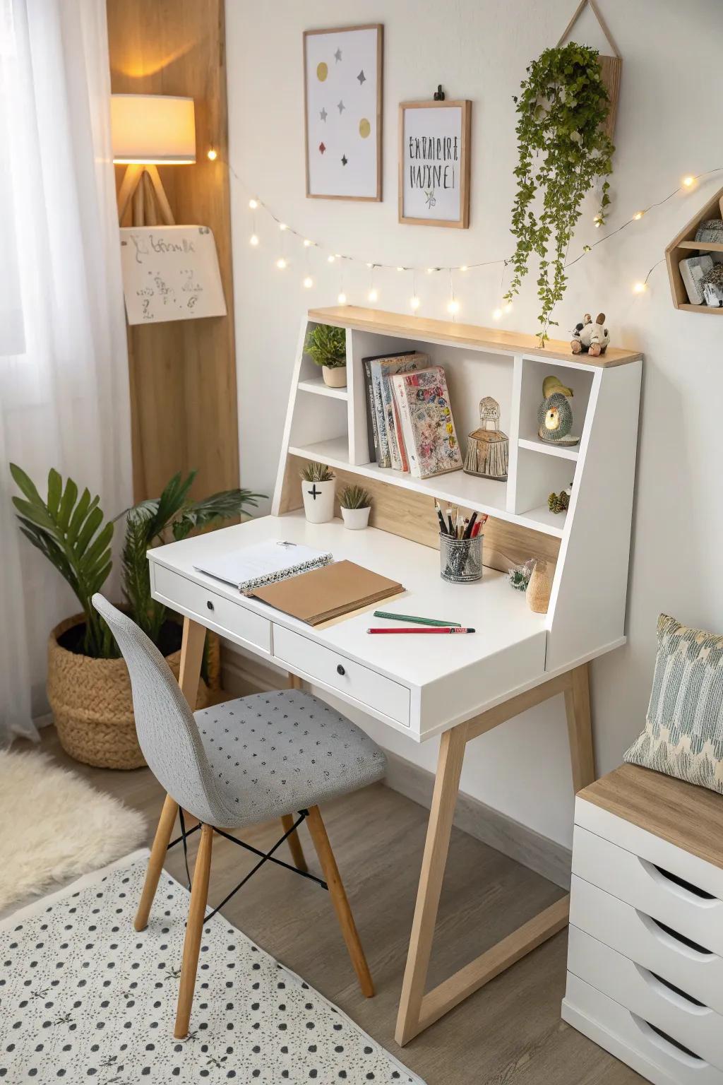 A streamlined suspended desk exploiting the maximum potential of restricted space.
