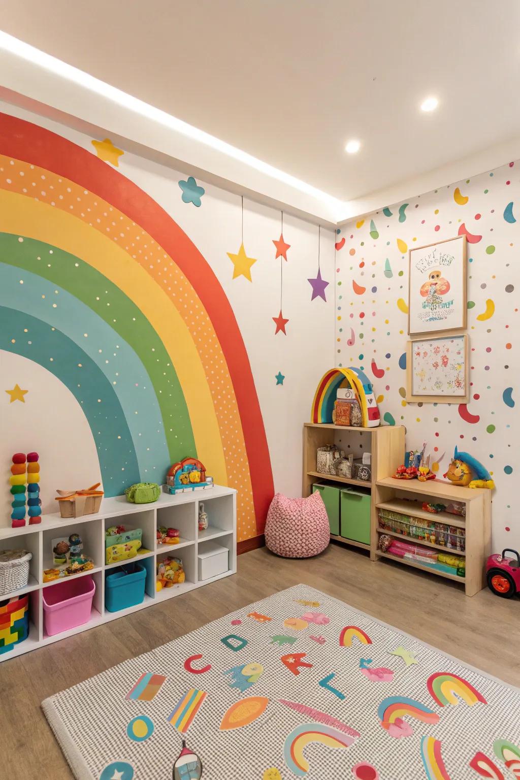 A lively playroom with spectrum-colored wallpaper, suitable for sparking joy and creativity.