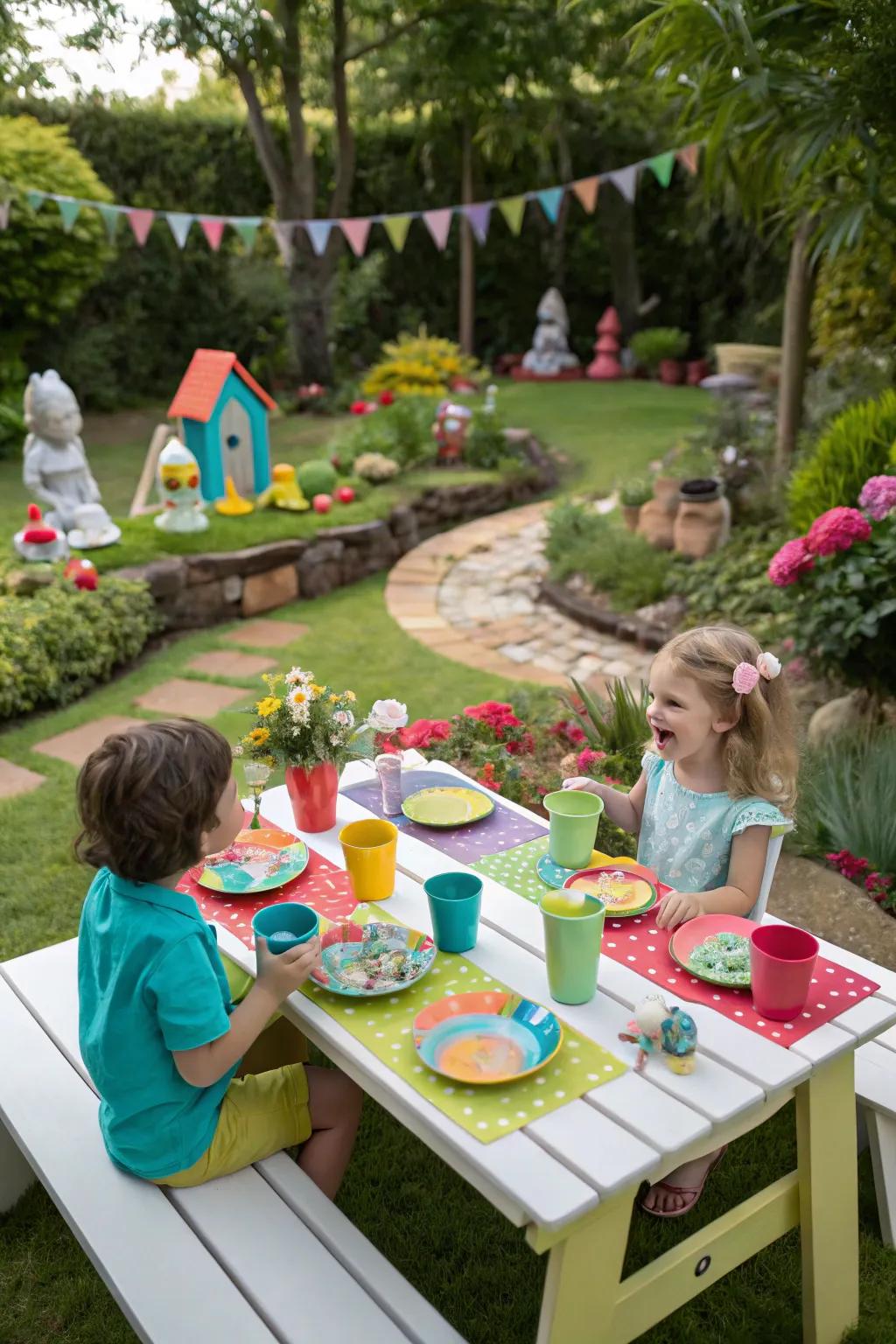 Kids' open-air activity table arranged for enjoyment and artistic expression in the garden.