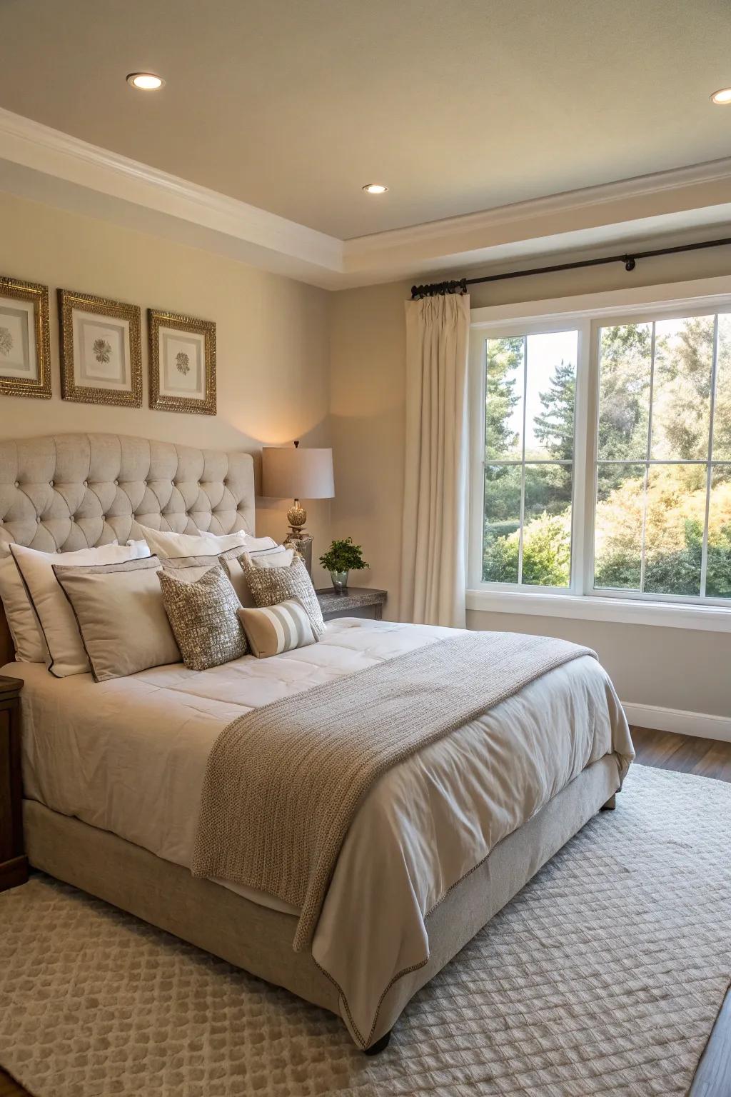 Neutral colors bring a sense of peace and sophistication to this king-size bed.