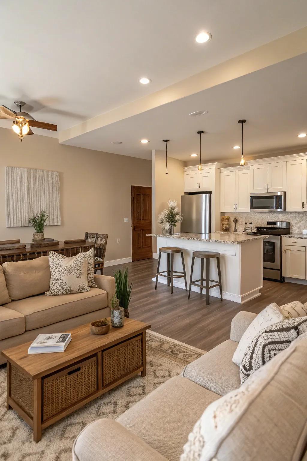 A neutral color scheme makes the space tranquil and cohesive.
