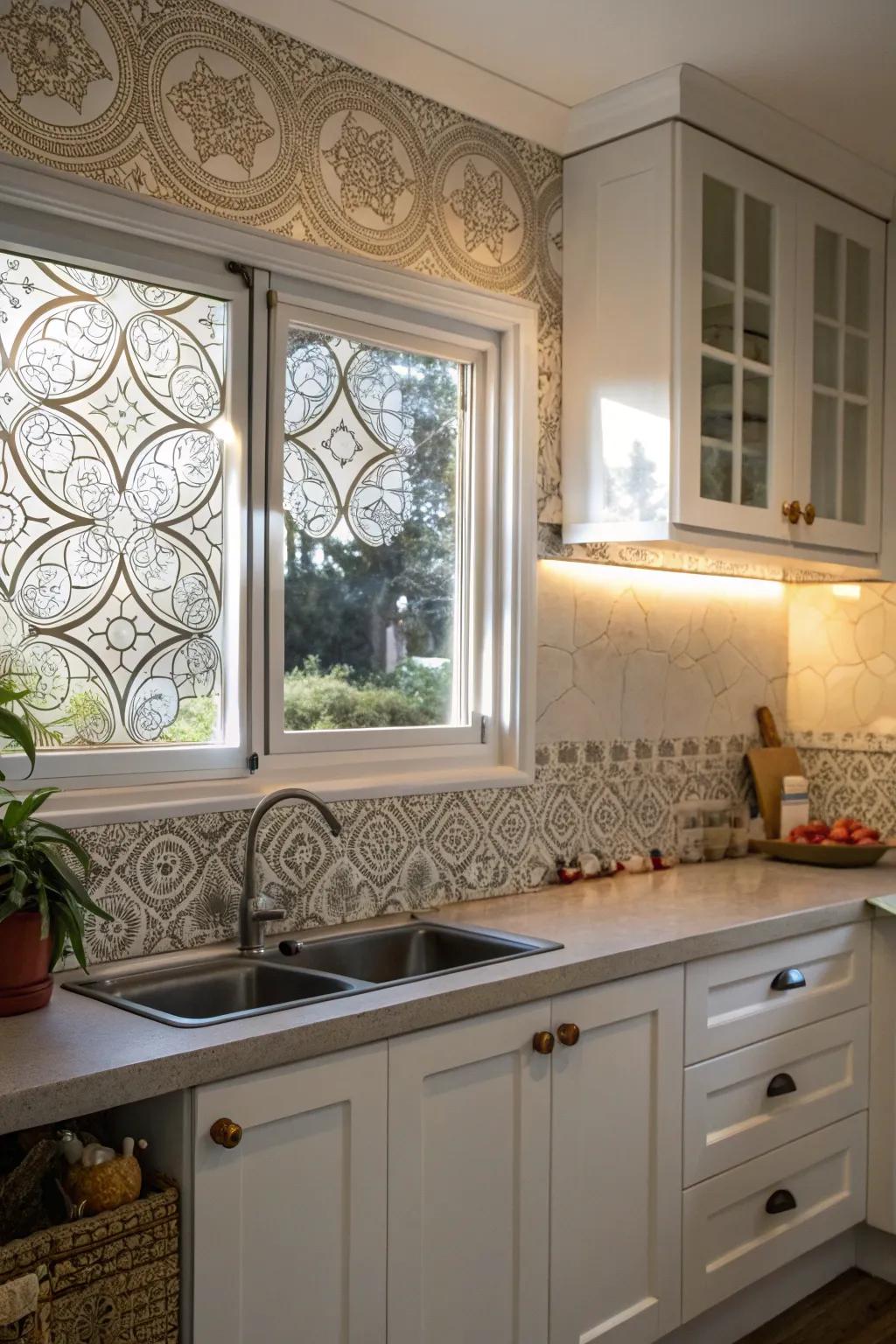 Patterned glass backsplash windows provide privacy and artistic appeal in the kitchen.