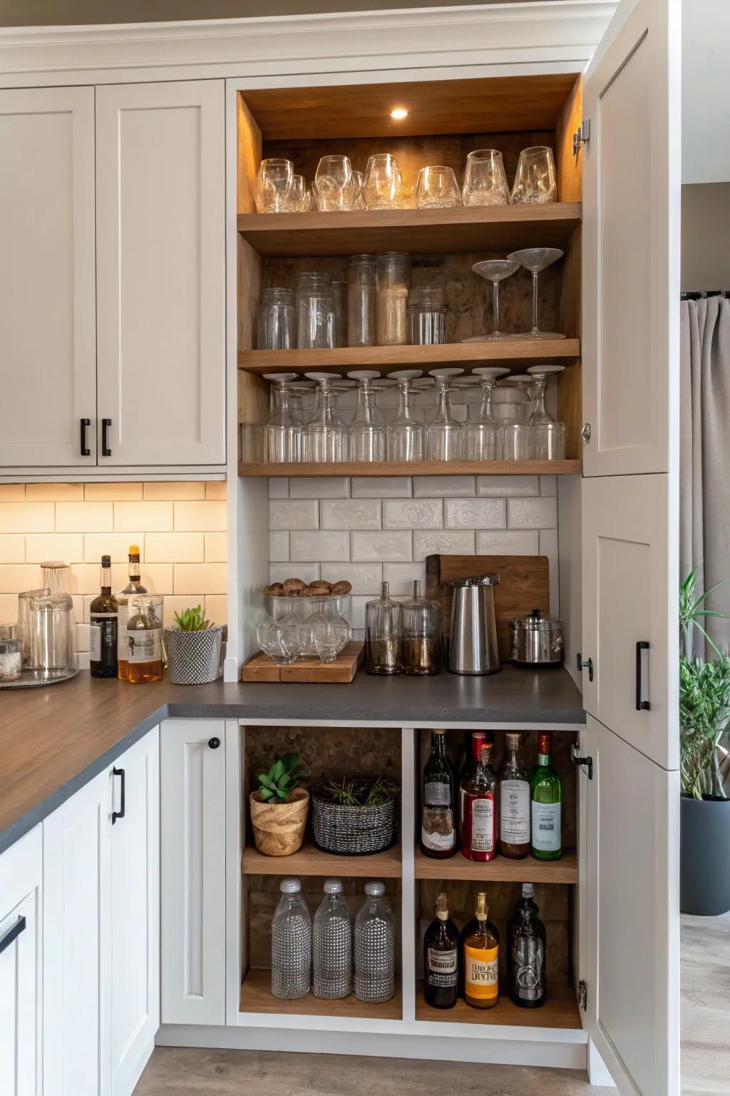 Open shelves bring a dynamic twist to this bar cabinet.