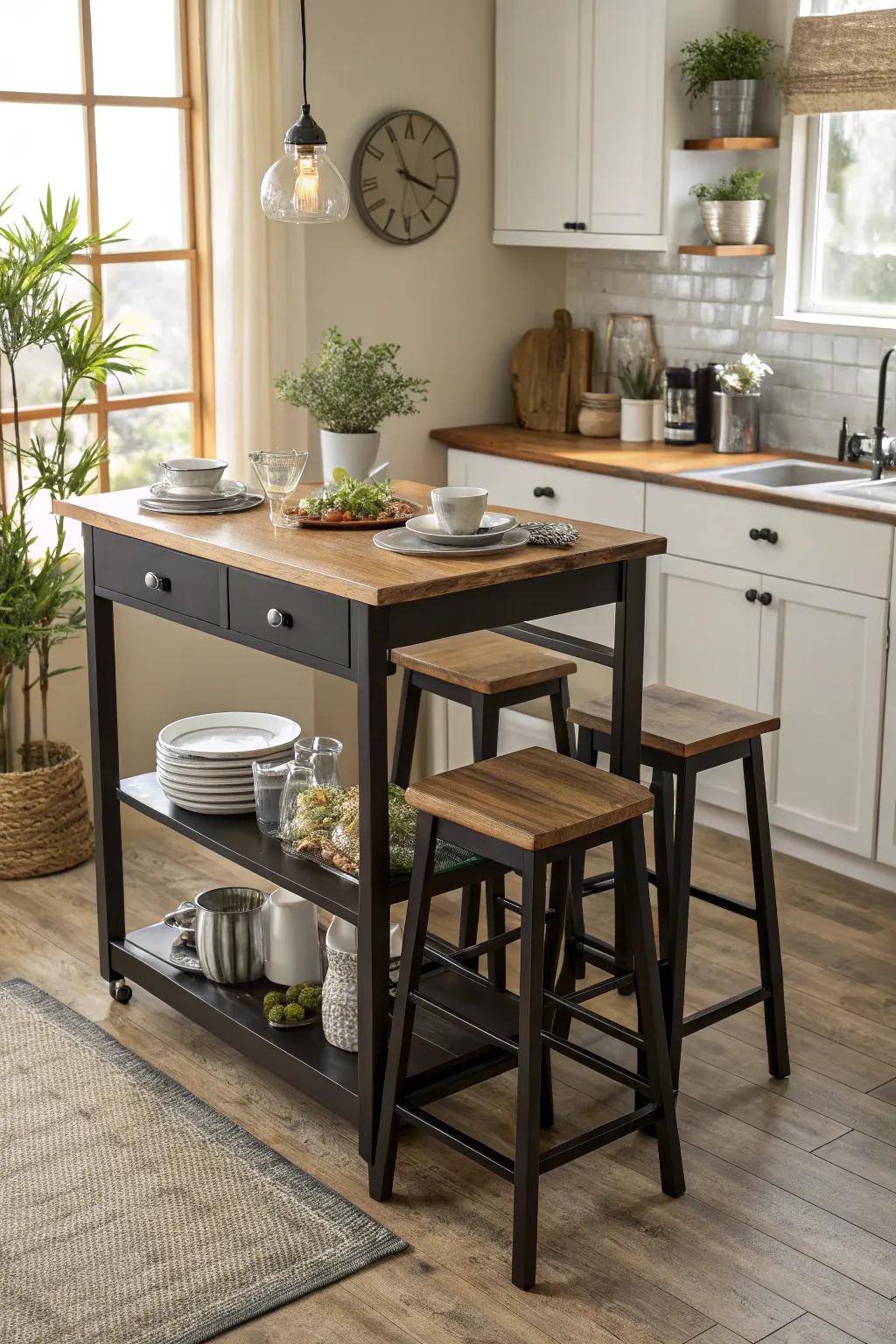 Versatile furnishings maximize practicality in compact kitchens.