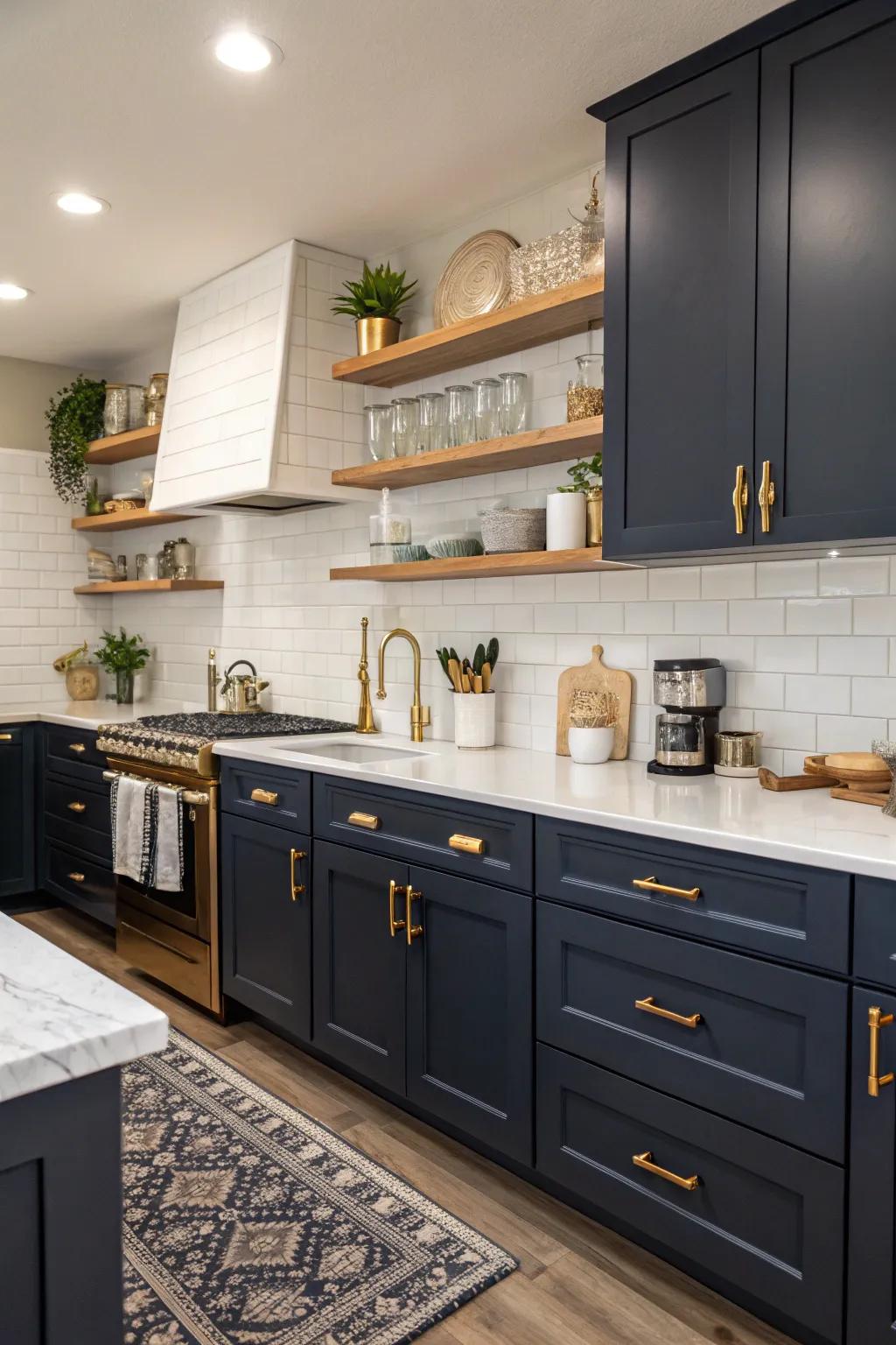 Navy blue cabinets create a striking, sophisticated look.