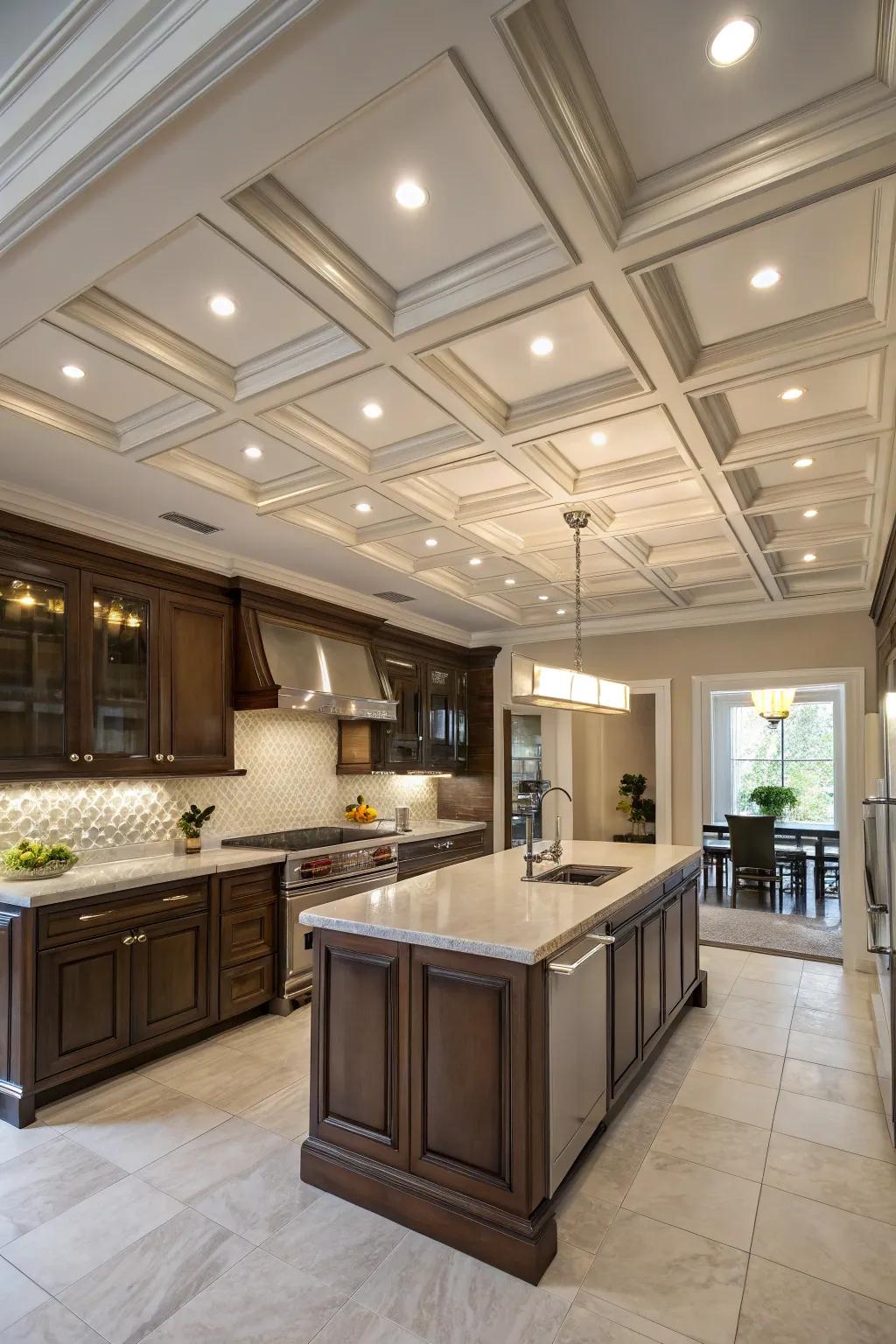 Enhance the elegance of your kitchen with a traditional gridded ceiling.