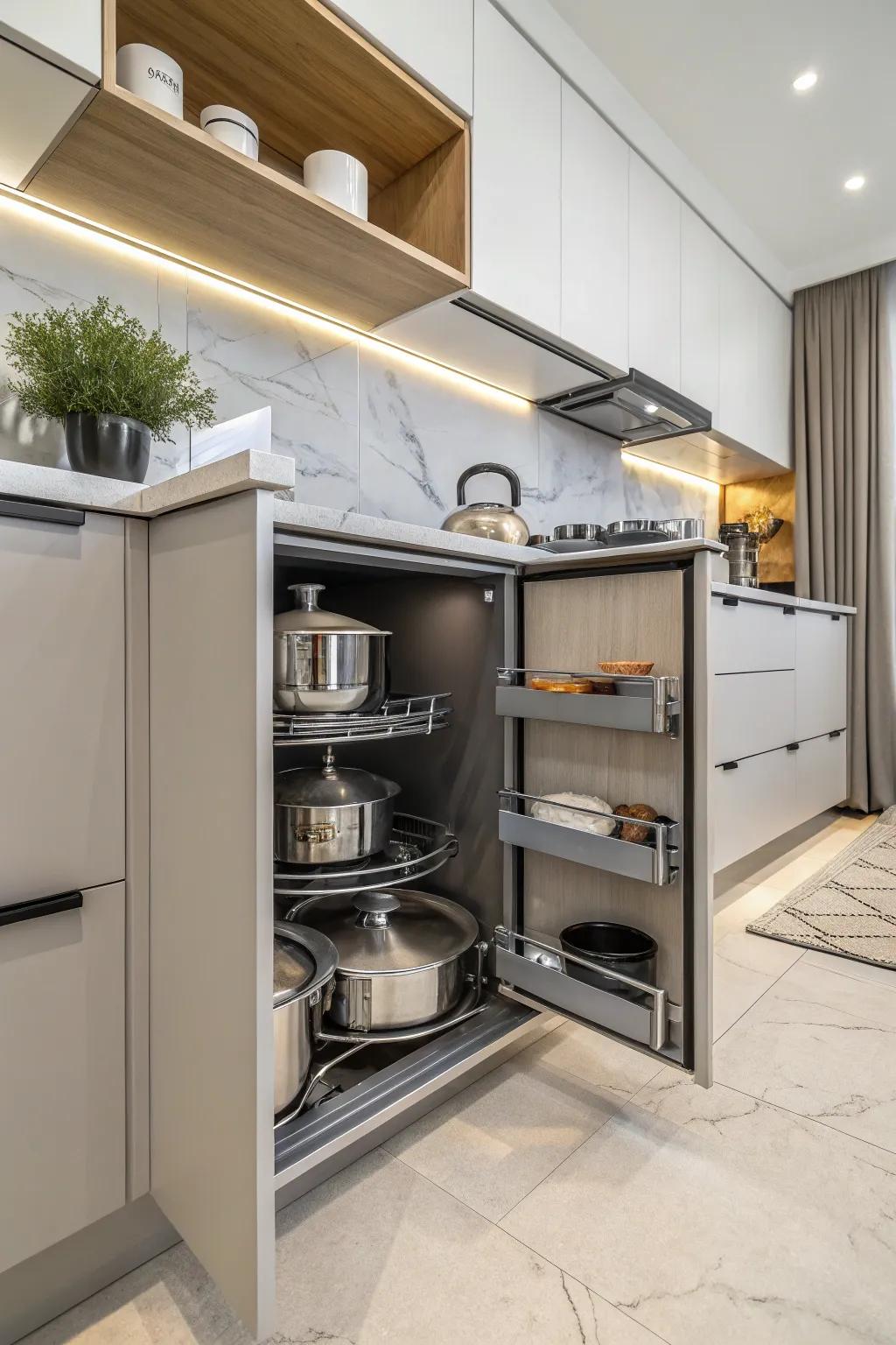 Diagonal cabinets are perfect for storing large kitchen items.