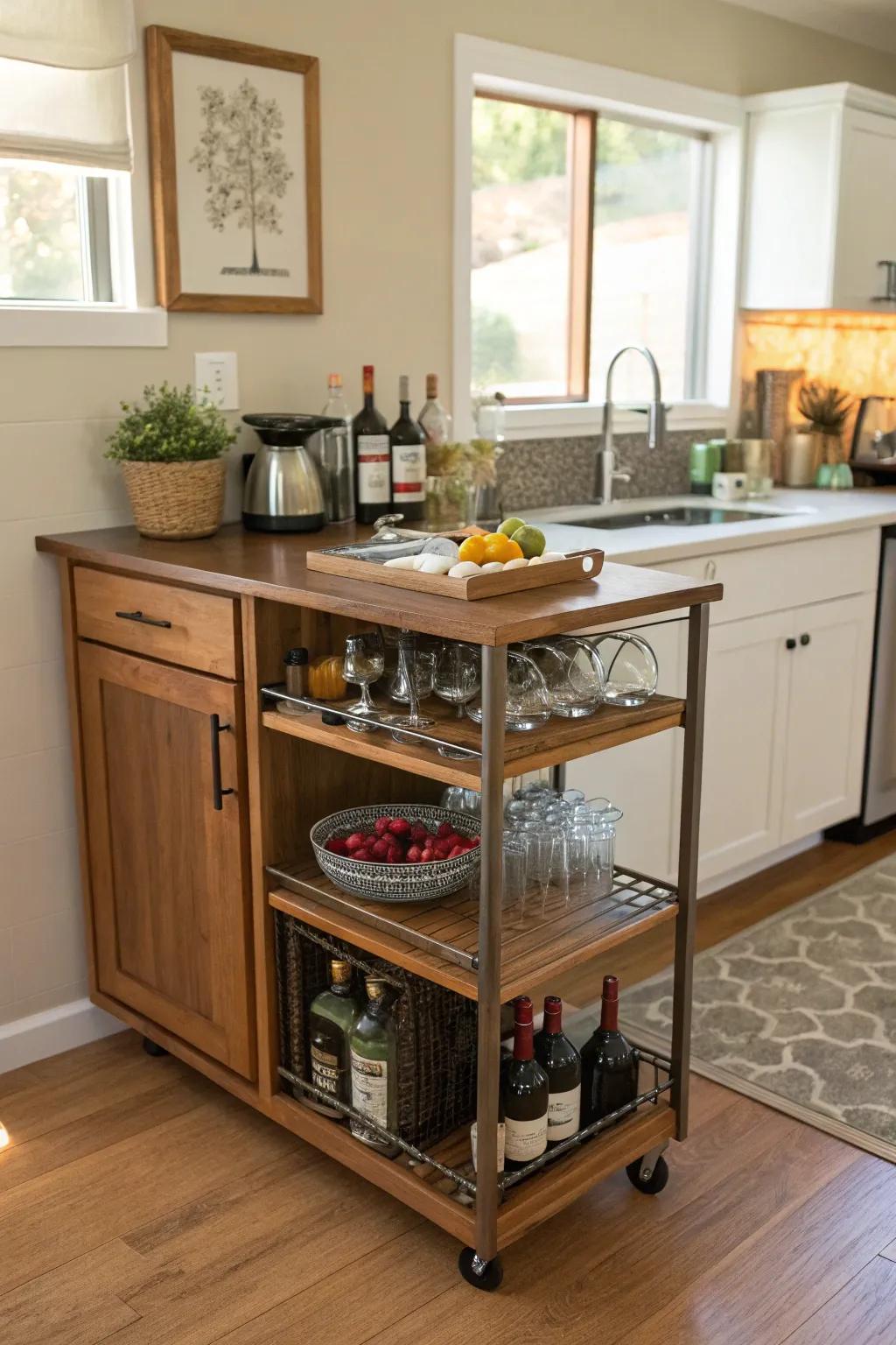 A multi-functional credenza serves as a practical bar cart in a small kitchen.