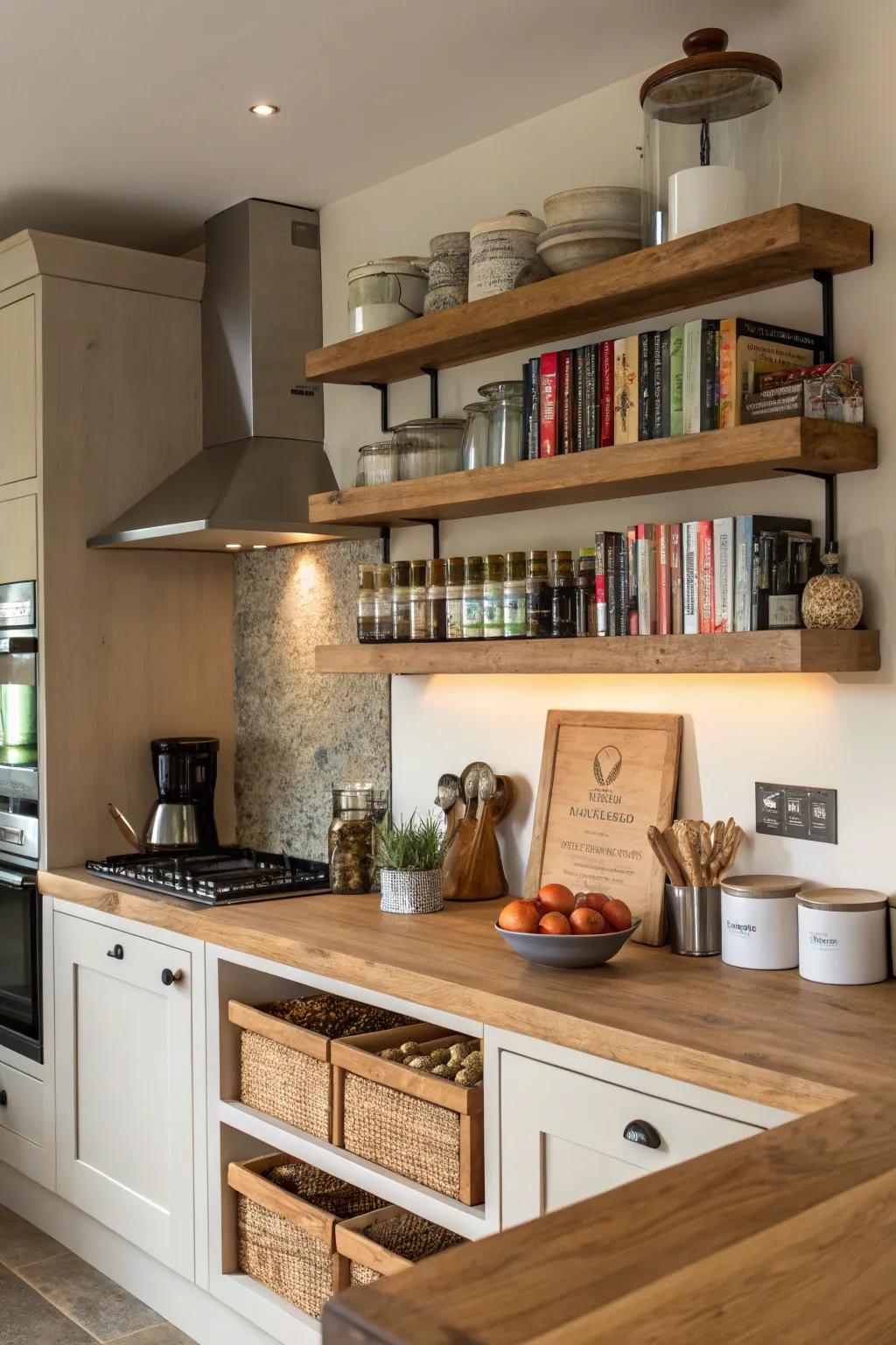 Earthy wood shelves add warmth to any kitchen space.