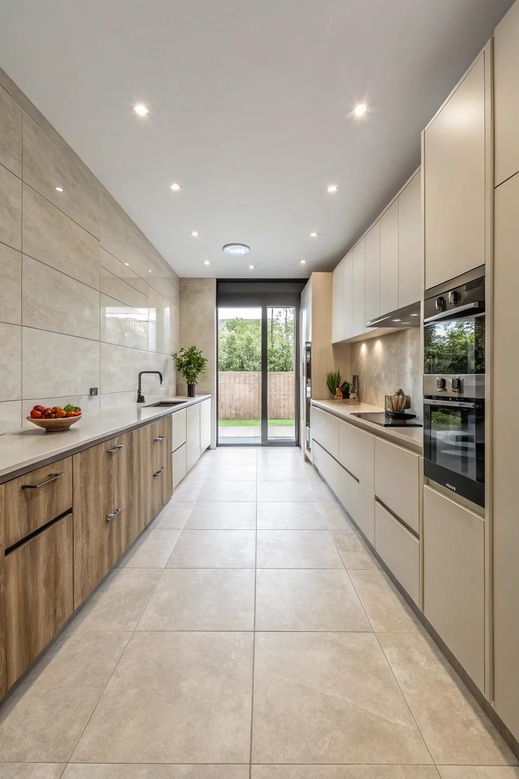 Attain a modern style using expansive format tiles.