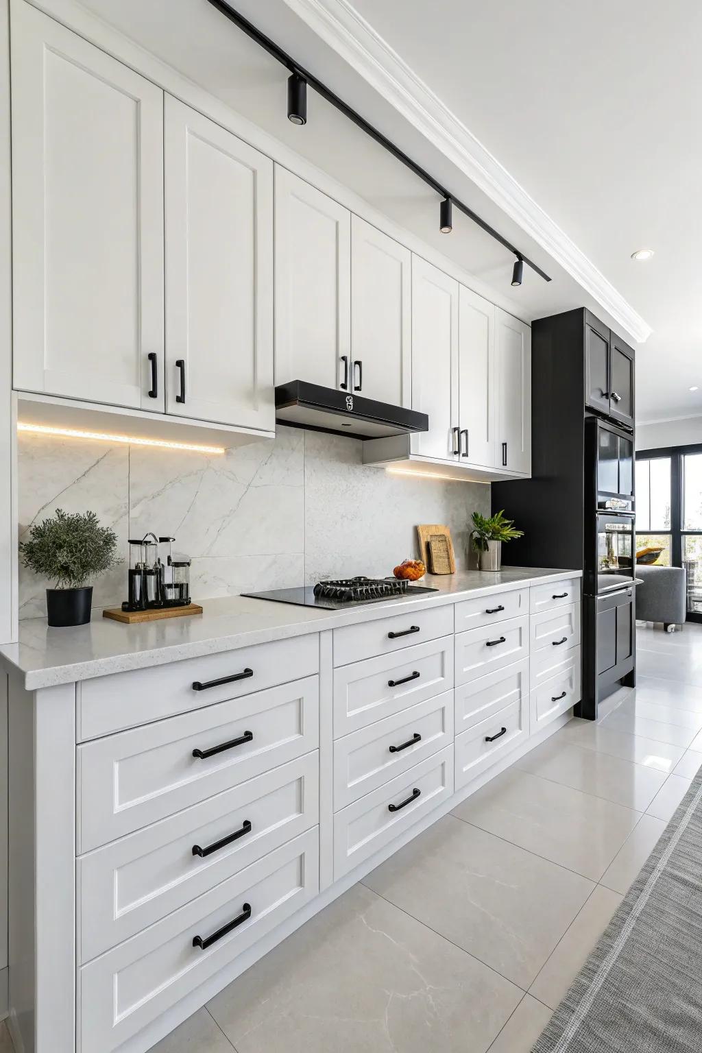 A modern kitchen emphasizing a bold contrast with flat black hardware.
