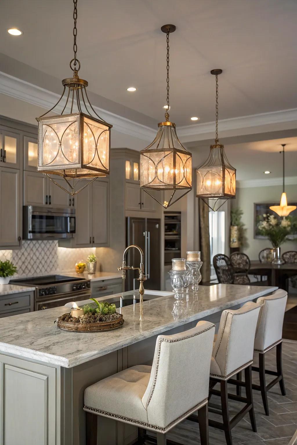 Elegant drop lights adding charm to a kitchen.
