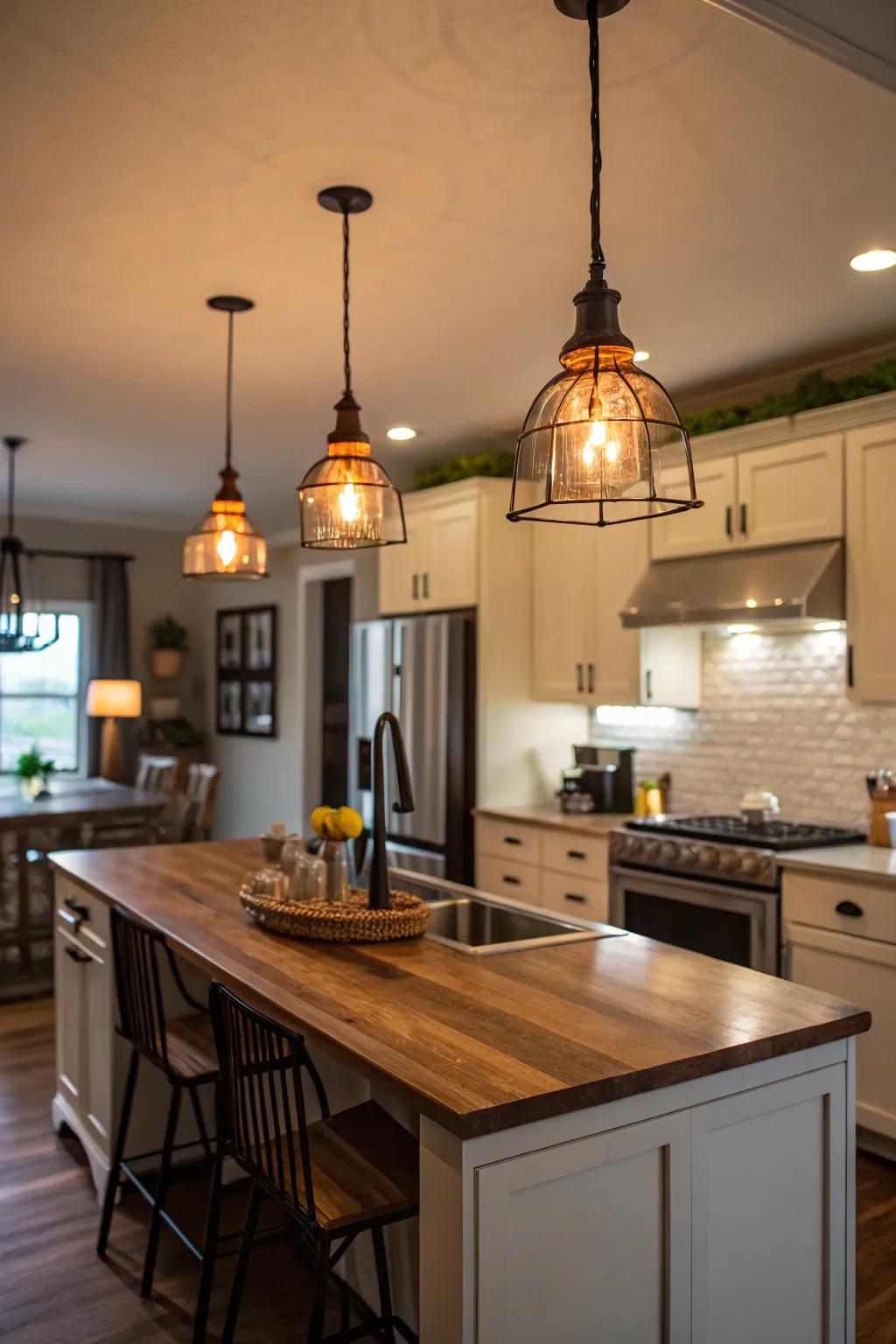 Pendant lights enhance the mood around the kitchen island.