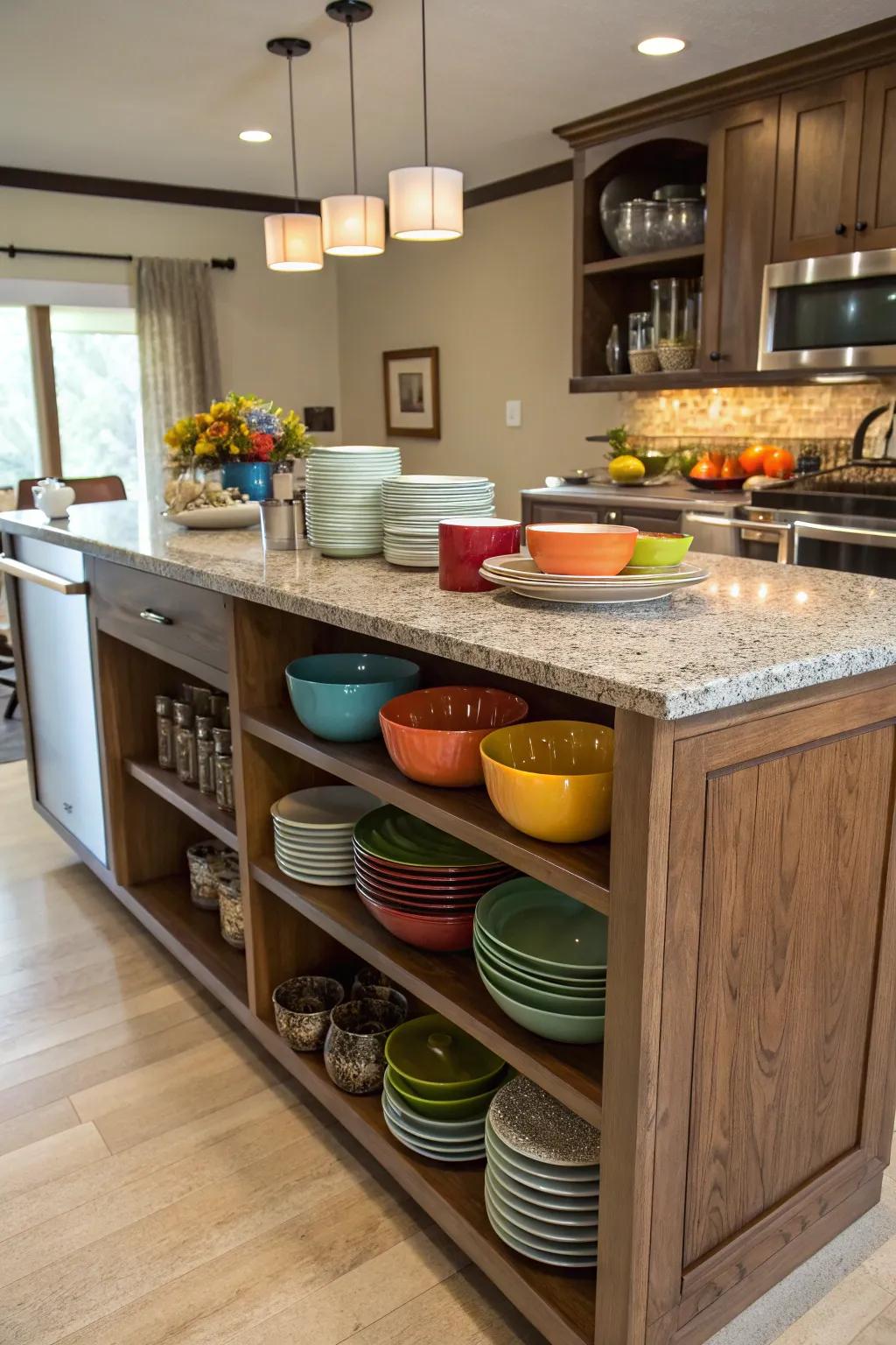 Open shelving adds both usefulness and flair to your kitchen island.