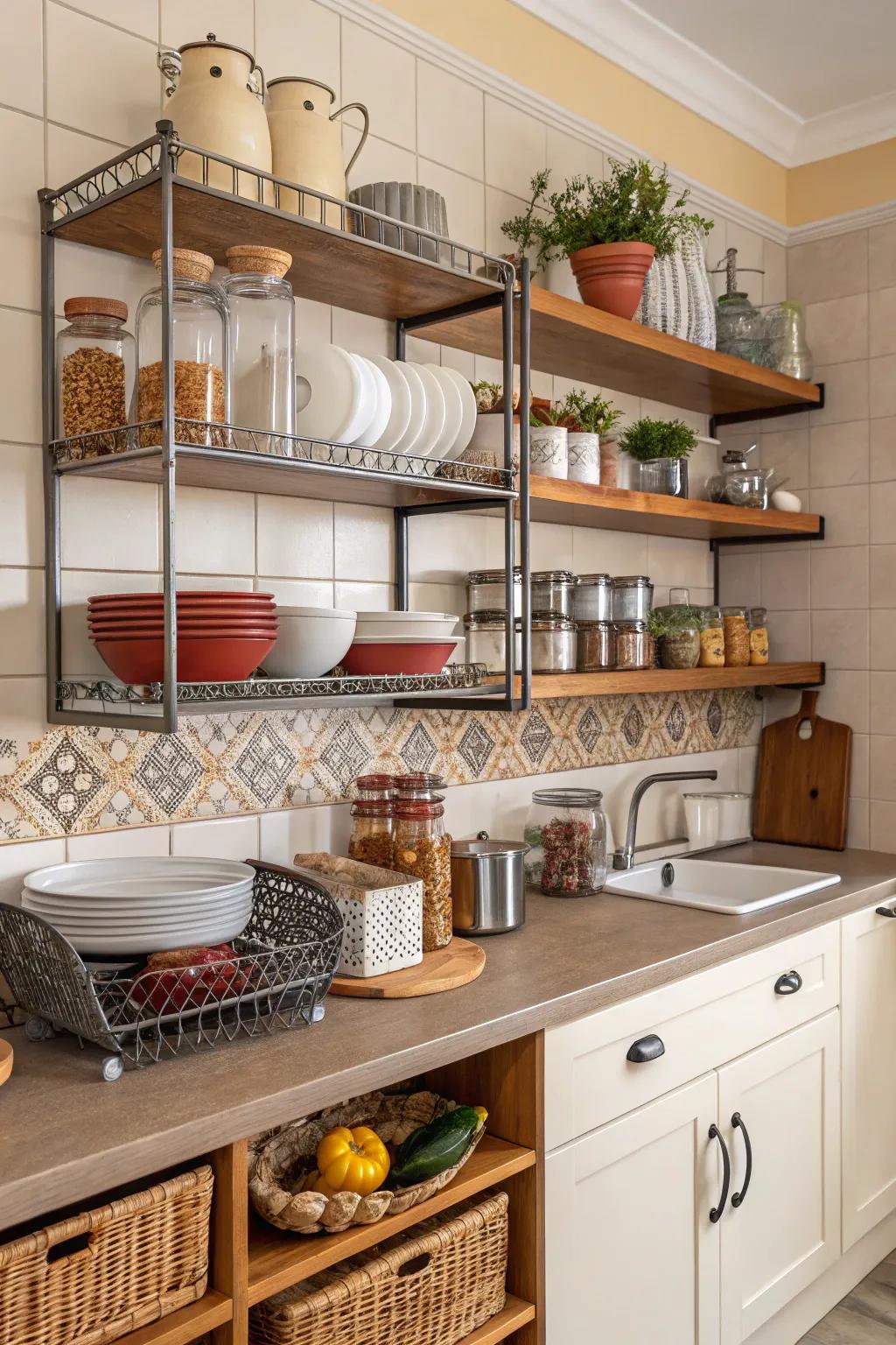 Practical storage options maintain kitchen organization while adding a personal touch.