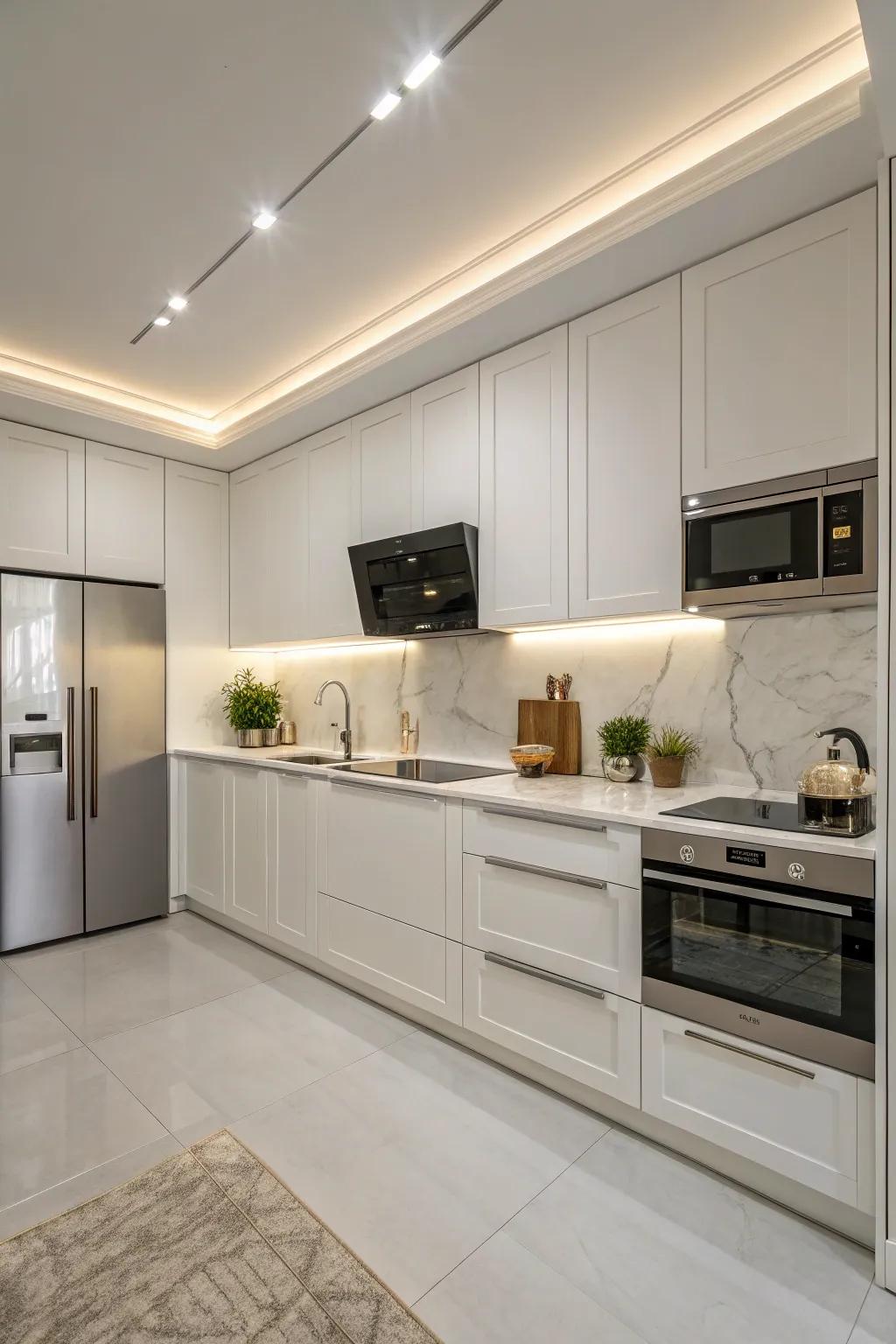 A refined, minimalist kitchen featuring modern style elements.