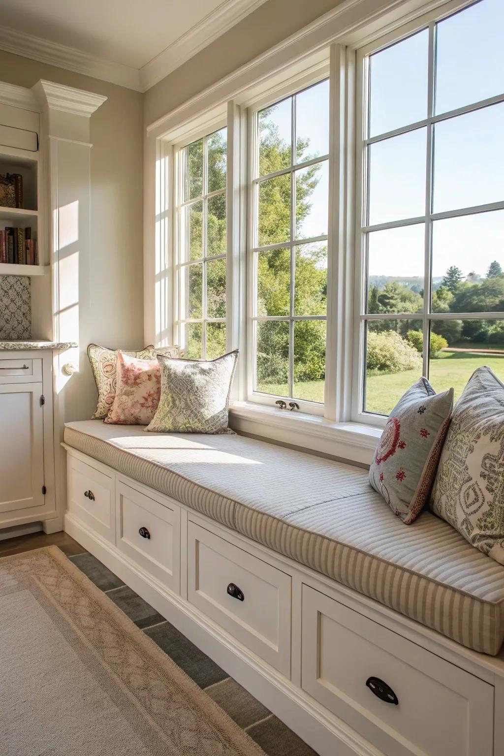 Window seats offer a sunny escape with added storage.
