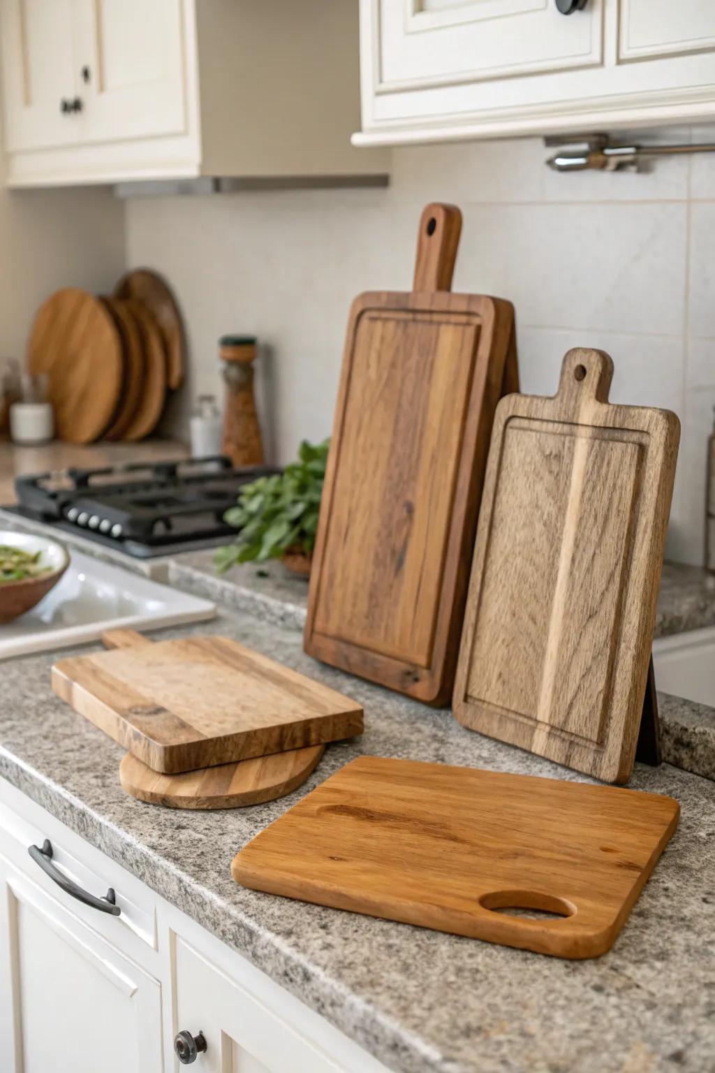 Natural elements like wood and stone create a warm and inviting kitchen atmosphere.