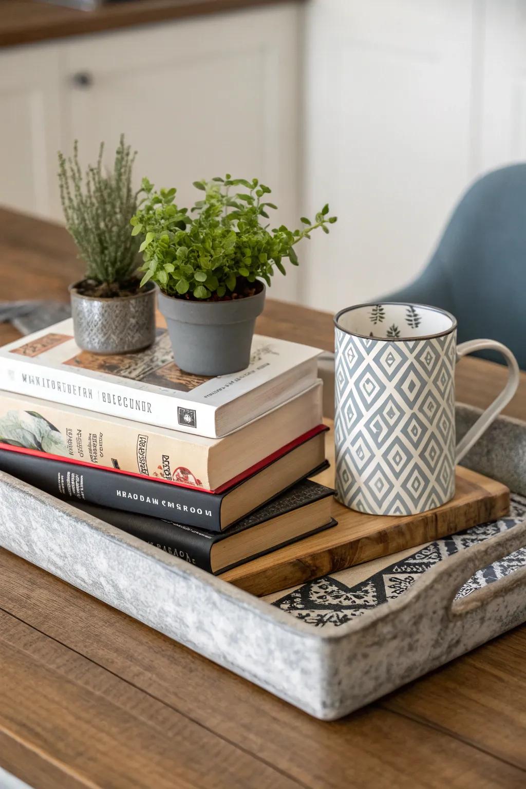 A stack of cookbooks displayed on a tray shows off both cooking ability and style.