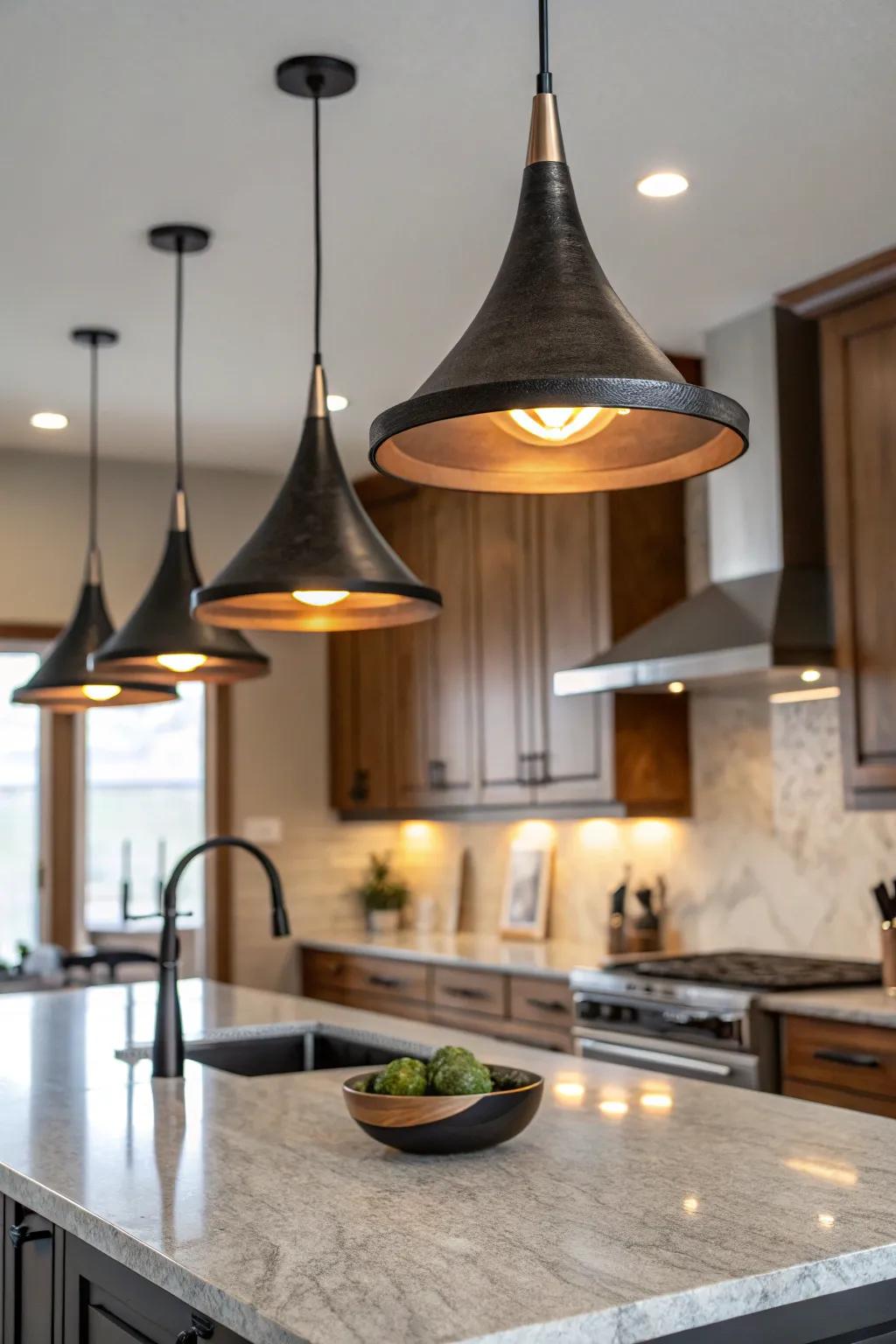Hanging lighting enhances both the aesthetic and utility of the kitchen.