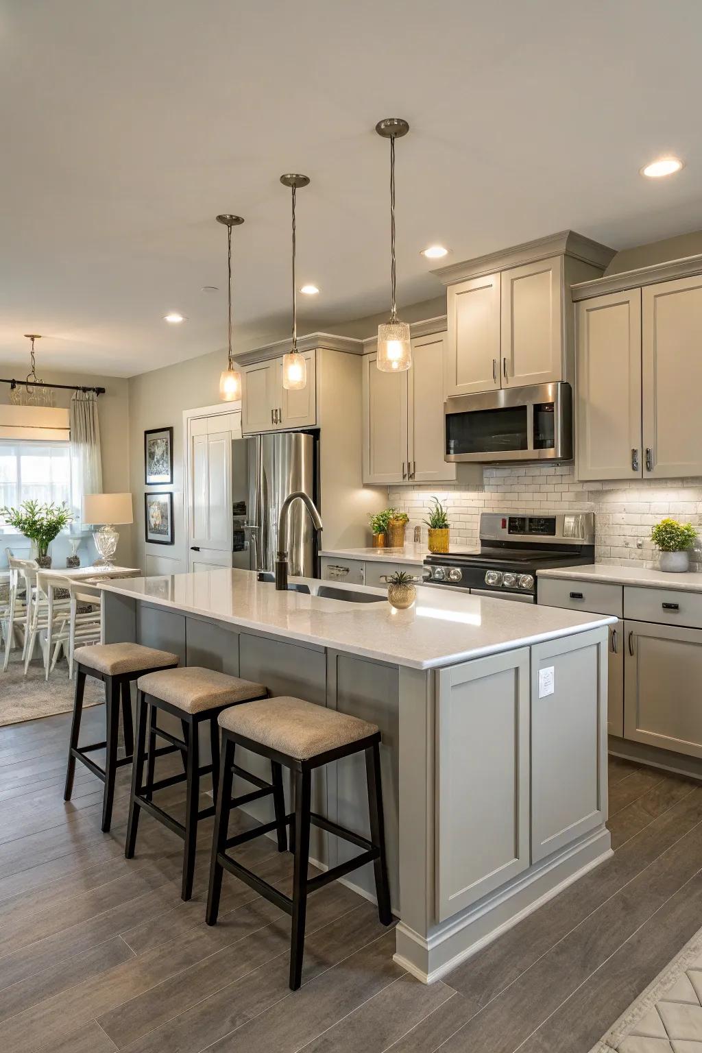 A peaceful modern kitchen showcases a selection of neutral colors.