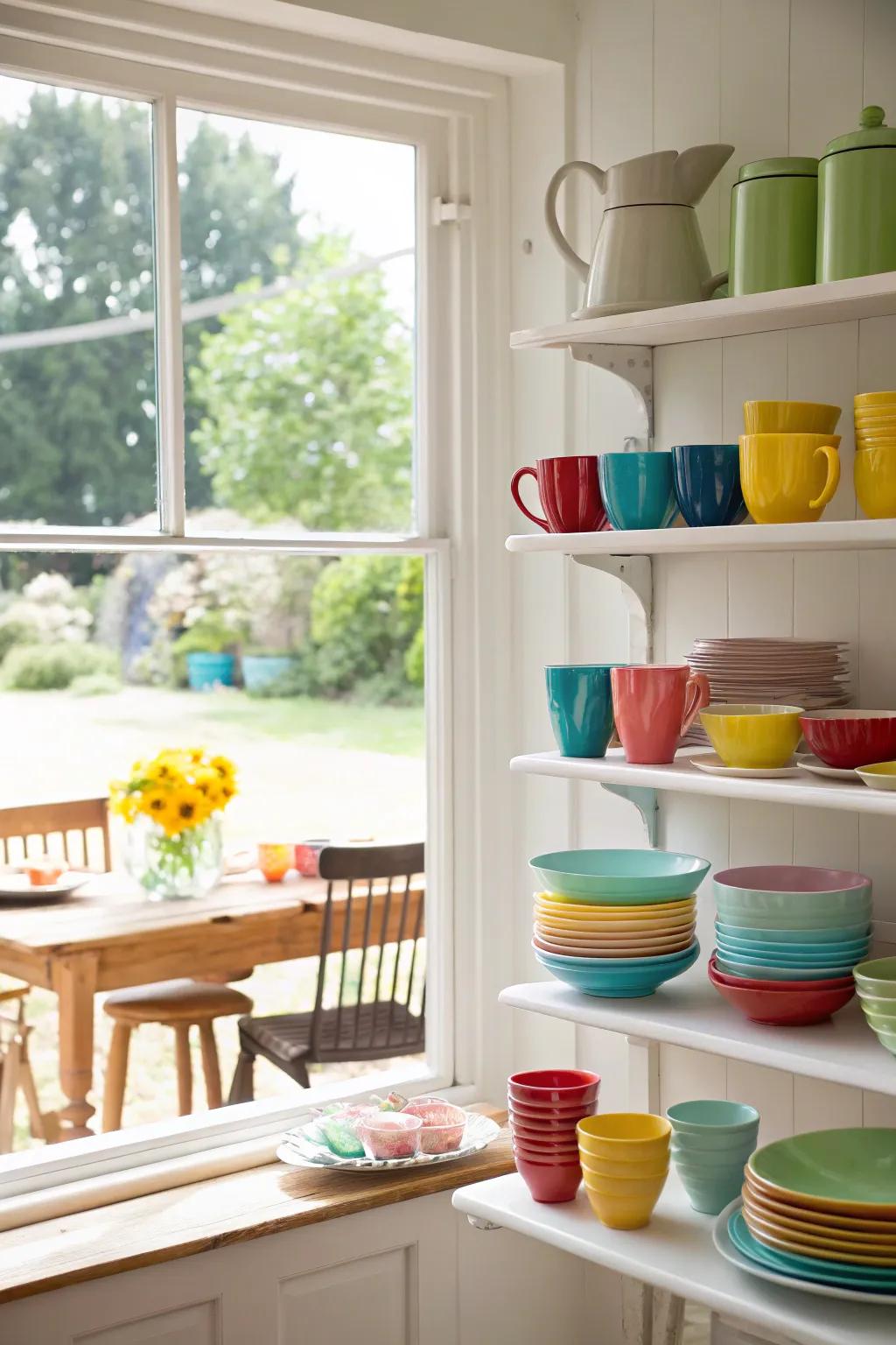A collection of colorful dishware displayed on kitchen window shelves, injecting personality into the space.