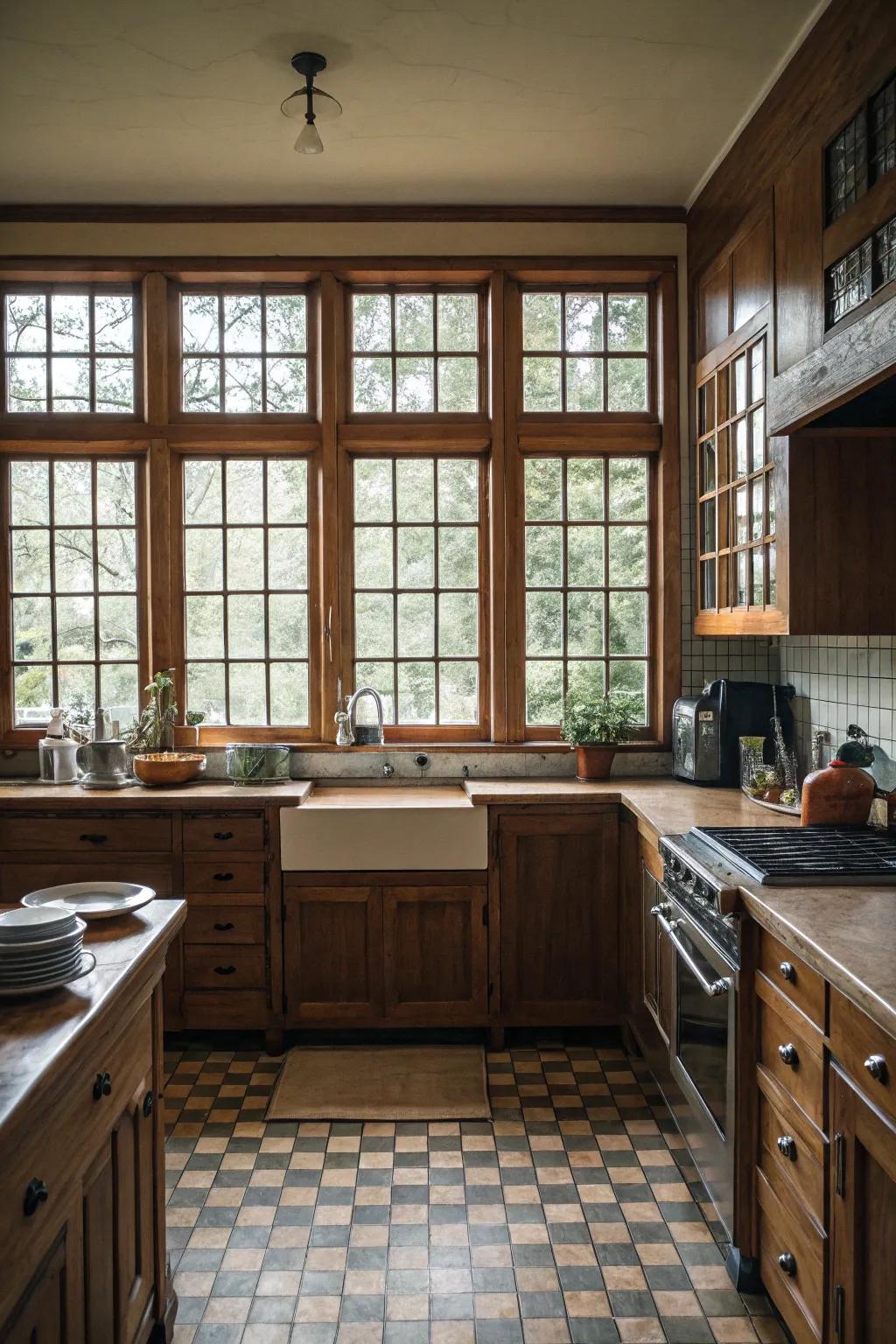 A traditional kitchen showcasing exquisite gridded windows.