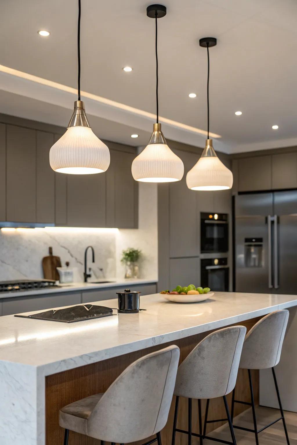 Pendant lighting enhances the mood and functionality of the kitchen island.
