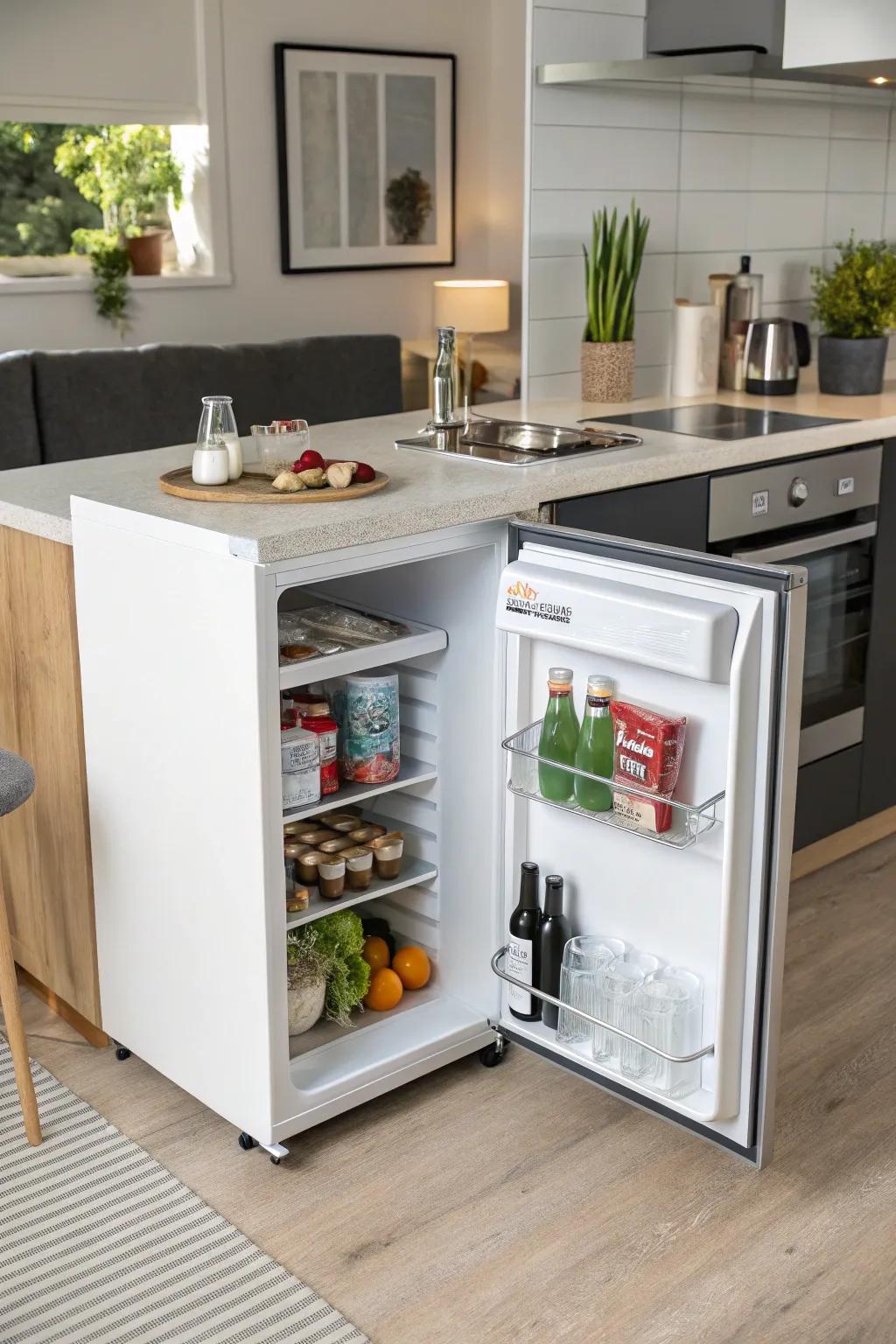 A compact fridge neatly placed under the kitchen counter, a perfect fit for smaller spaces.