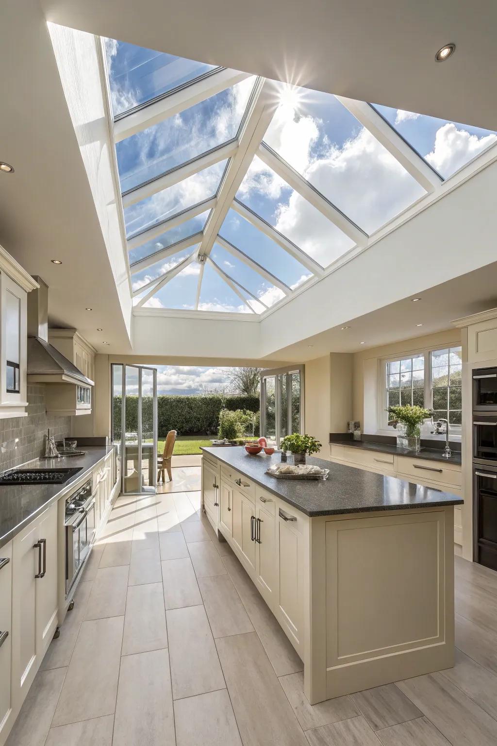 An open kitchen atmosphere is made possible with elevated ceilings and <strong>skylights</strong>.” loading=”lazy” class=”pimg”>
	</picture><figcaption>An open kitchen atmosphere is made possible with elevated ceilings and <strong>skylights</strong>.</figcaption></figure>
<p>Elevated ceilings coupled with <strong>skylights</strong> can give your kitchen an open and roomy atmosphere. I find it fascinating how <strong><em>skylights</em></strong> can lift a room’s architectural presence, bestowing an airy and expansive feel.</p>
<h3>Items that may come in handy:</h3>
<ul class=
