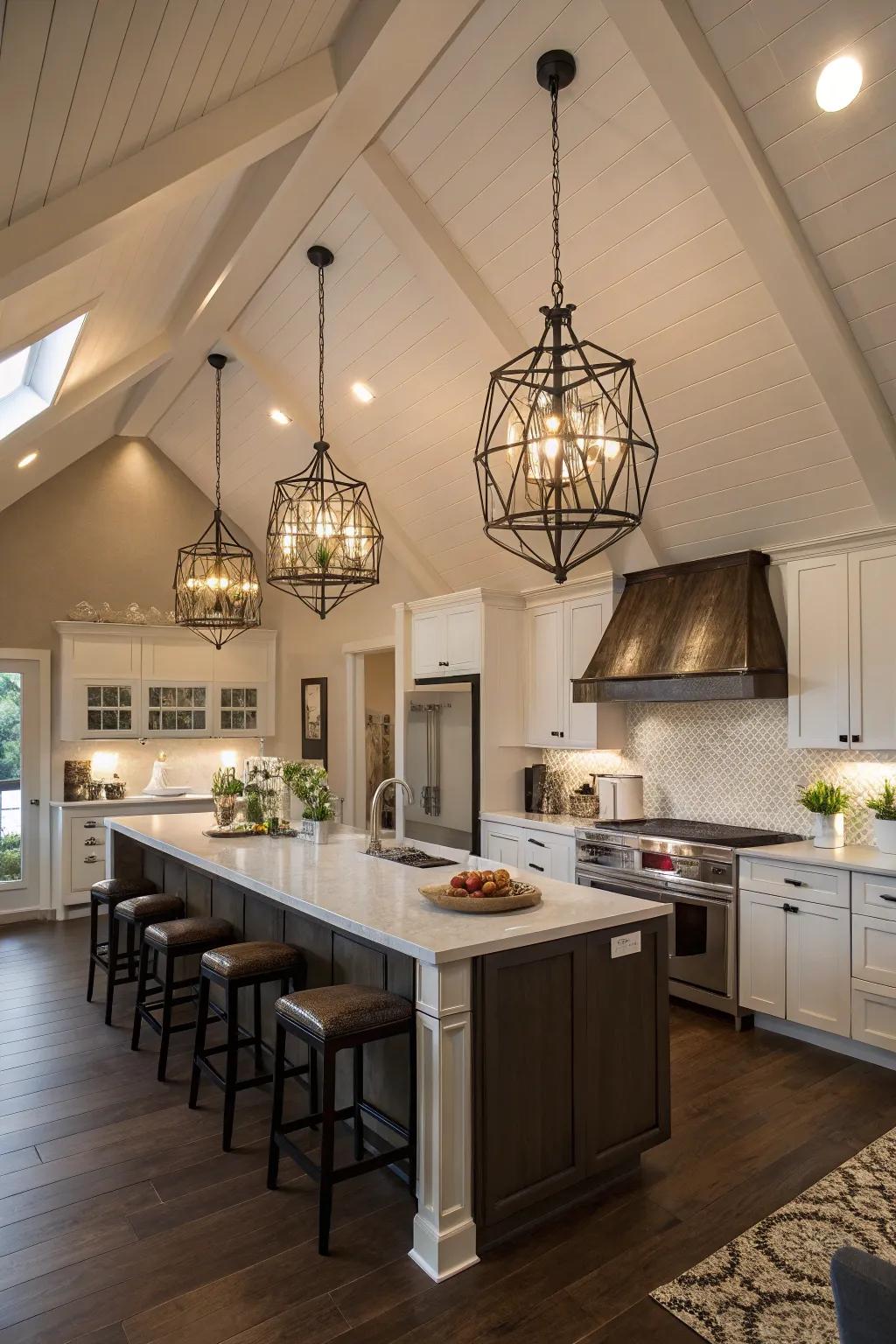 Elegant suspended lights establish an eye-catching element in this modern kitchen, enhanced by a vaulted ceiling.