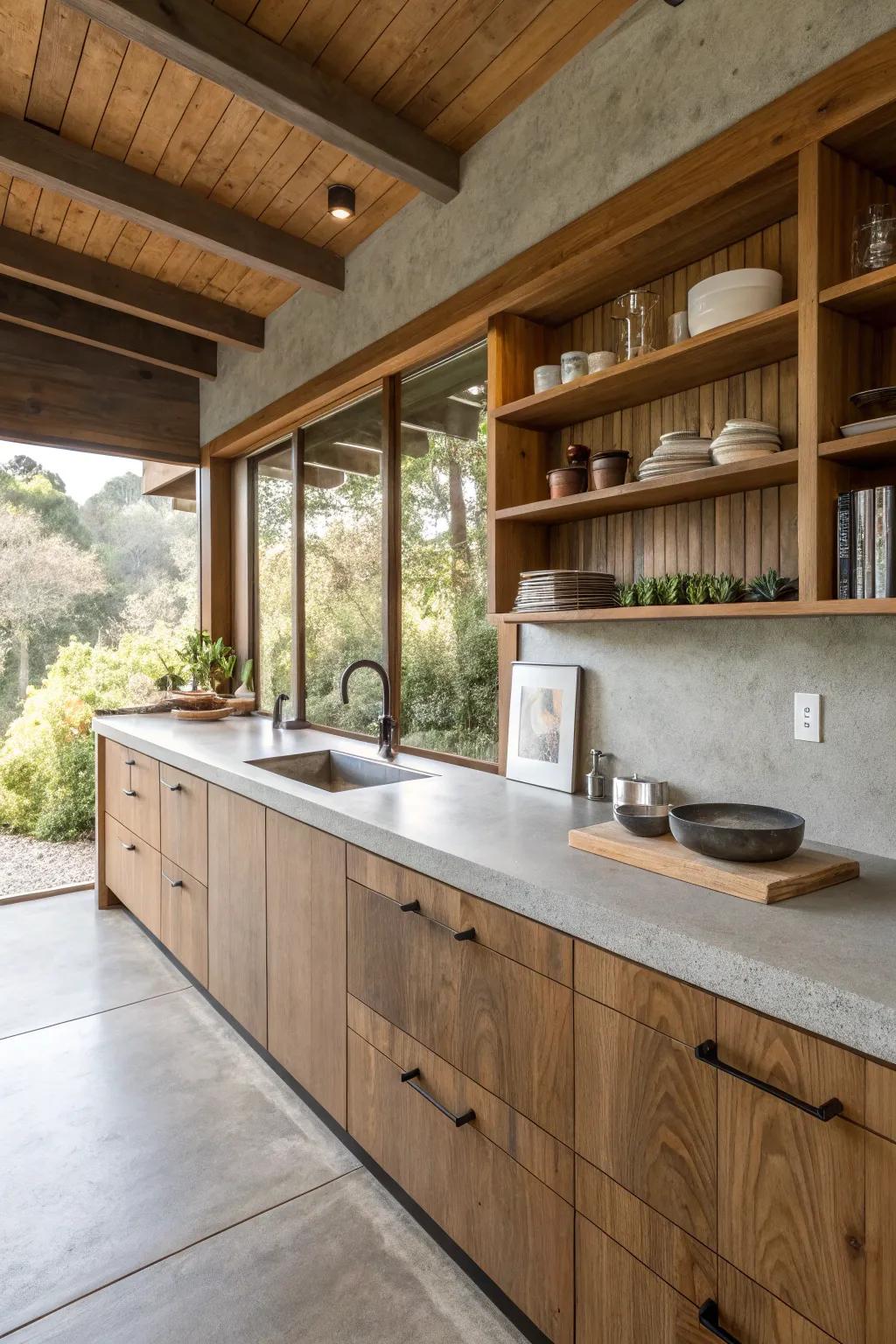 A kitchen harmonized with engineered stone worktops and comfortable wood accents.